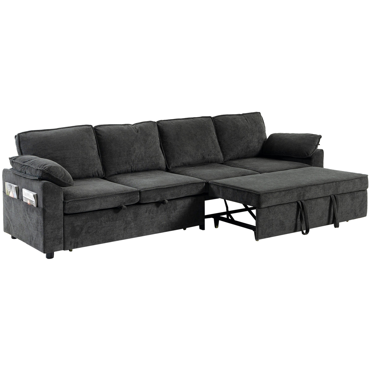 Sectional Sofa Bed, Sleeper Sofa Bed Couch with Double Pullout, Integrated Footrest, Chenille Fabric Futon for Living Room Bedroom Study, Dark Grey