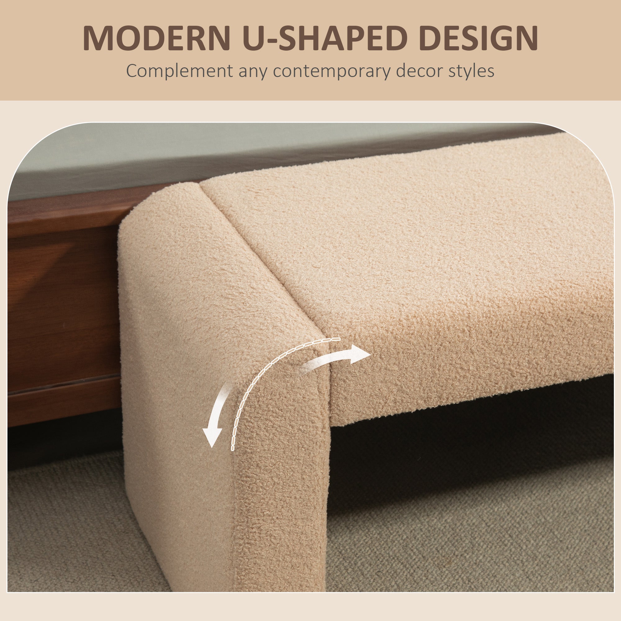 HOMCOM 39" Upholstered End of Bed Bench, Boucle Entryway Bench, Modern U-Shaped Ottoman Bench for Bedroom, Living Room, Hallway, Light Brown