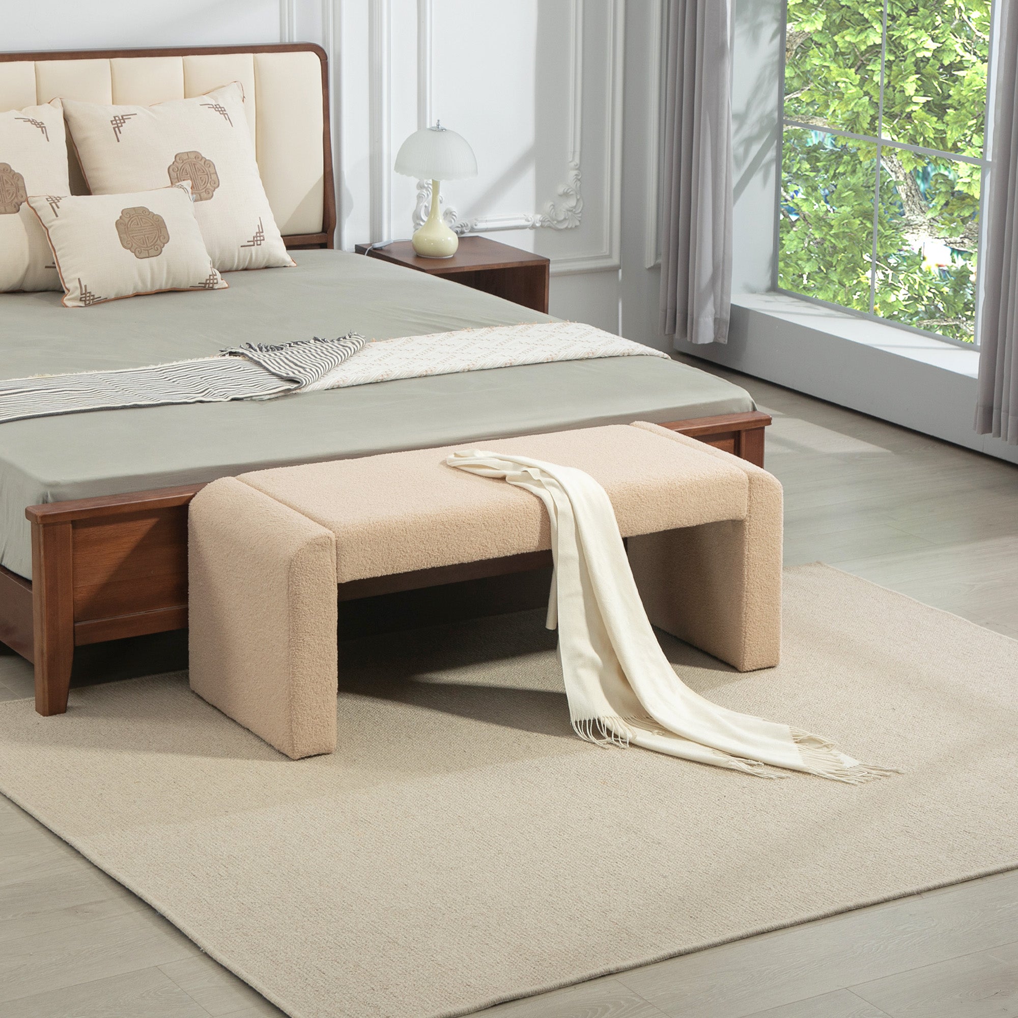 HOMCOM 39" Upholstered End of Bed Bench, Boucle Entryway Bench, Modern U-Shaped Ottoman Bench for Bedroom, Living Room, Hallway, Light Brown