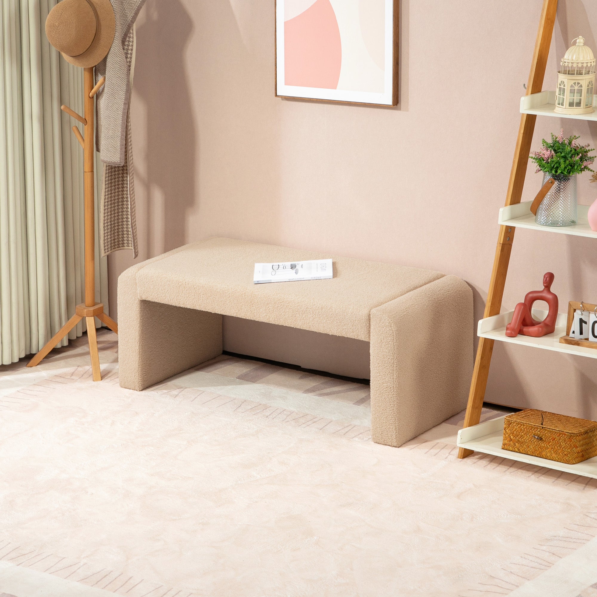 HOMCOM 39" Upholstered End of Bed Bench, Boucle Entryway Bench, Modern U-Shaped Ottoman Bench for Bedroom, Living Room, Hallway, Light Brown