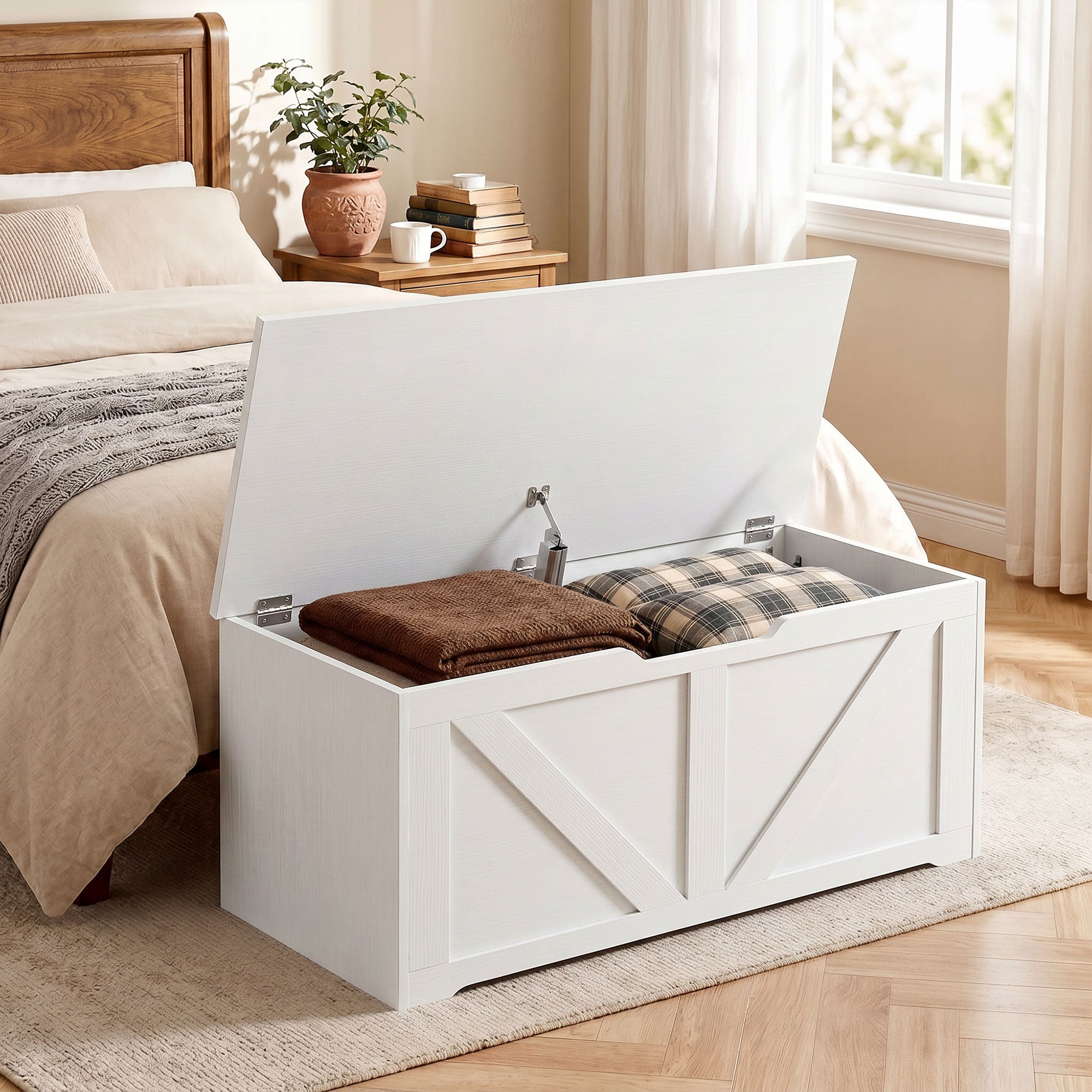 100L Storage Chest, Shoe Storage Trunk Bench Box with Safety Hinge and U-shaped Cut-out Pull, Blanket Box Ottoman for Bedroom, Living Room, Entryway, 80 x 40 x 45 cm, White Wood-Effect