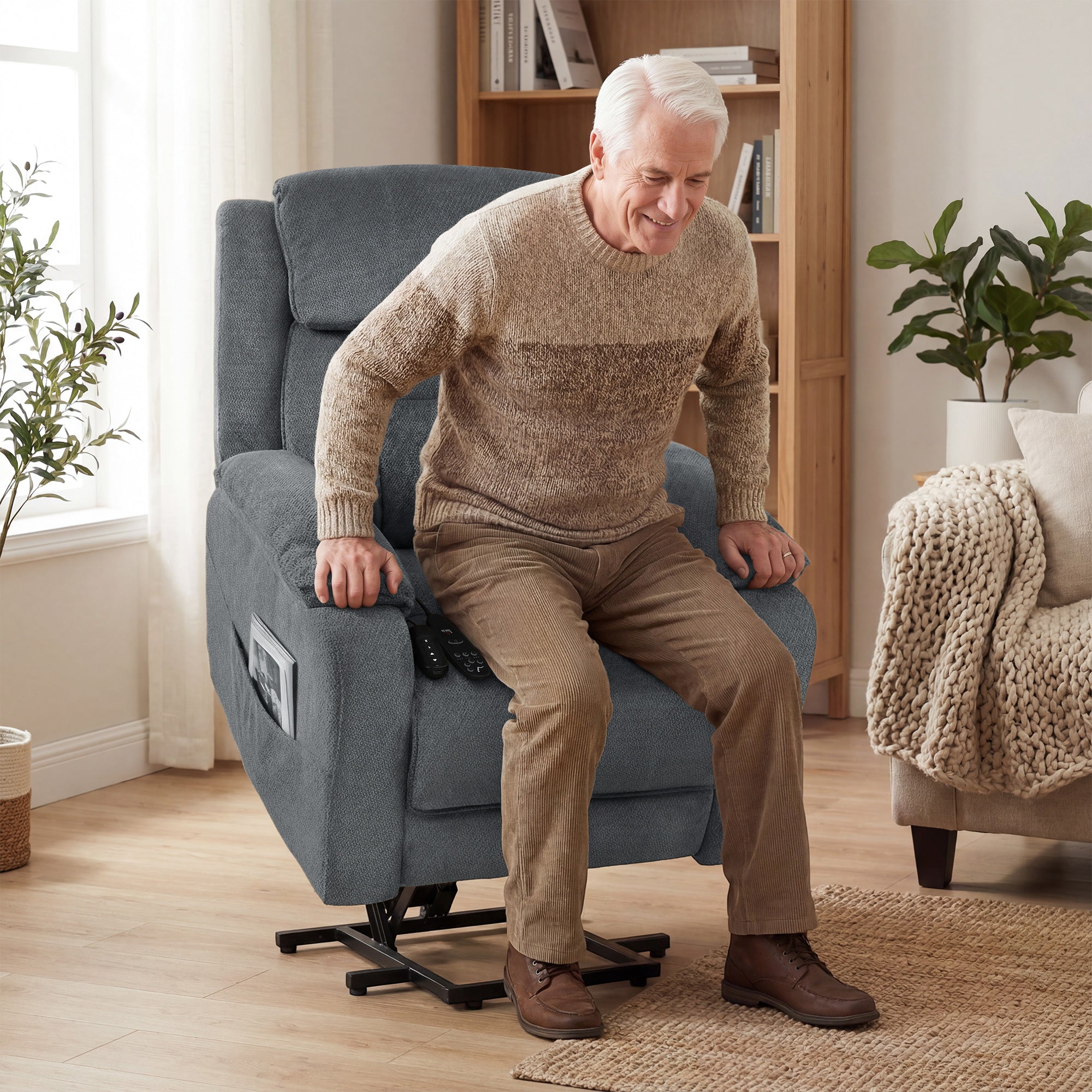 Power Lift Recliner Chair for Elderly with Massage, Electric Recliner with Side Pockets, Remote, 2 Memory Buttons, Footrest, Quiet Reclining Chair for Living Room, Dark Grey