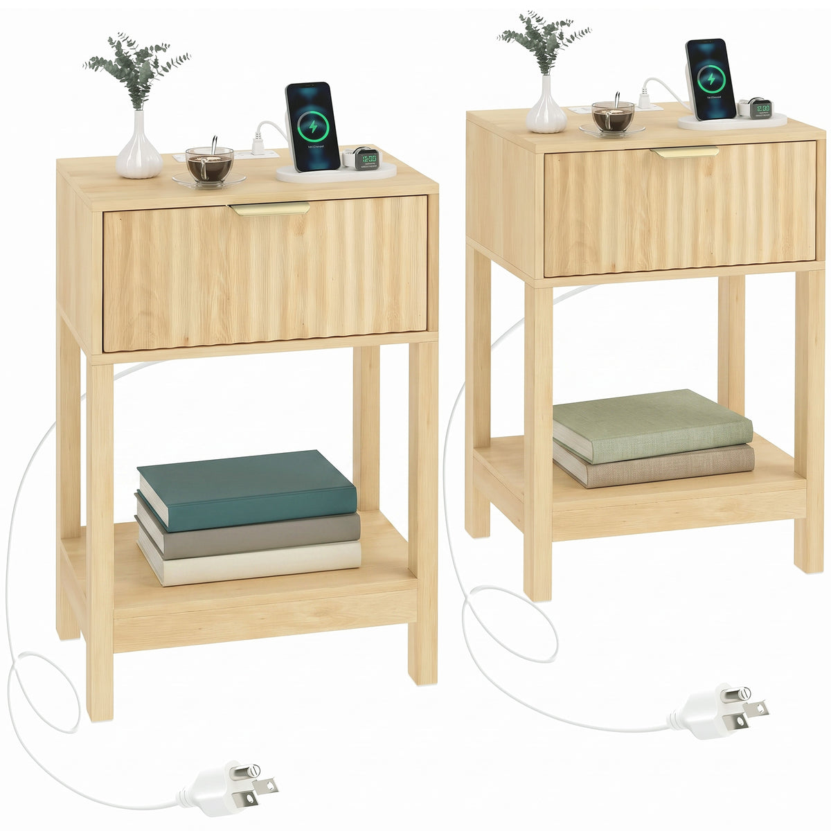 Modern Nightstand Set of 2, Slim Bedside Table with Drawer, Open Shelf and Charging Station, Night Stand with AC Power Outlets, USB and Type-C Port for Bedroom, Oak
