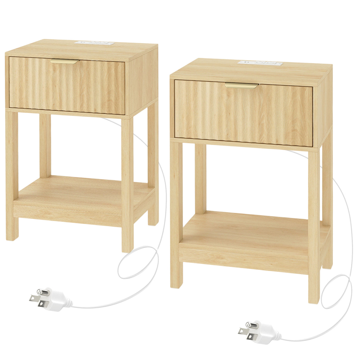 Modern Nightstand Set of 2, Slim Bedside Table with Drawer, Open Shelf and Charging Station, Night Stand with AC Power Outlets, USB and Type-C Port for Bedroom, Oak