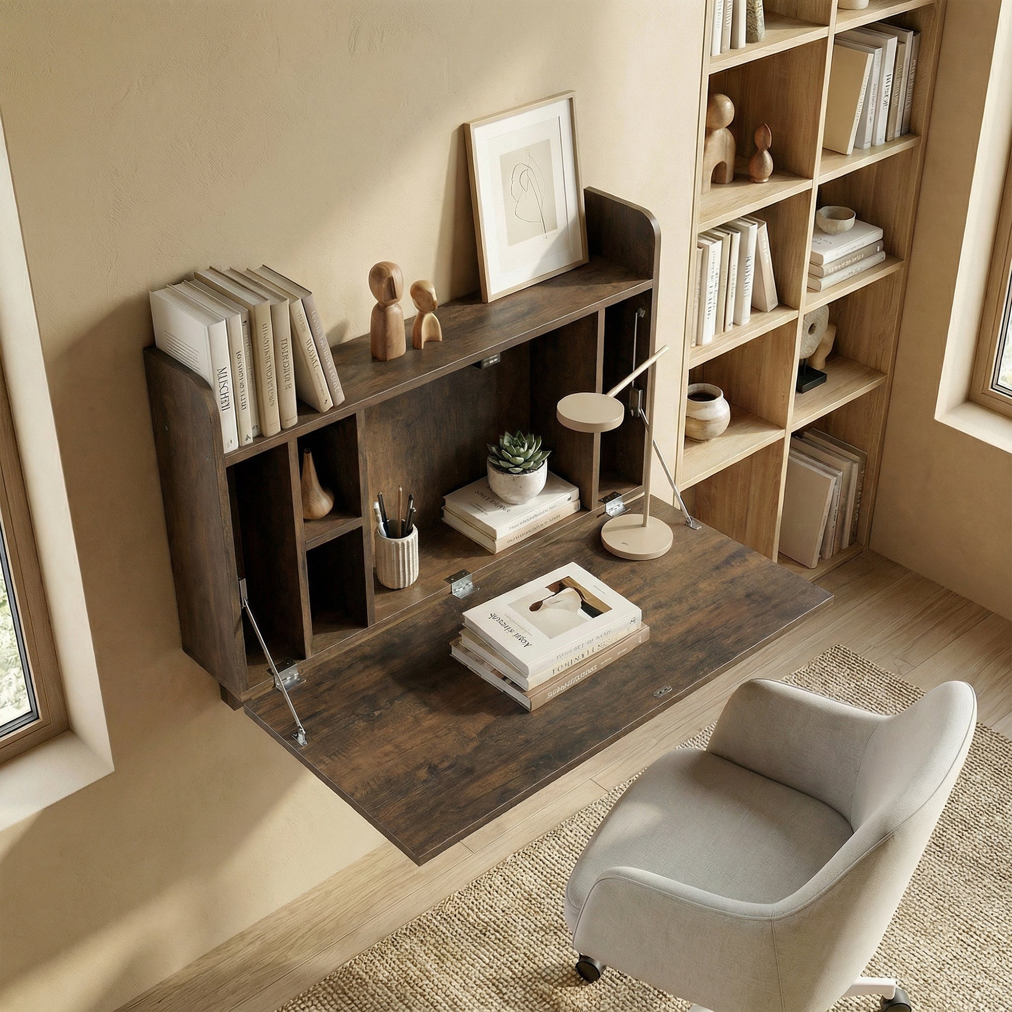 Wall Mounted Desk, Drop Leaf Floating Laptop Desk with Space Saving Storage Compartments for Home Office and Study, 77cm x 20cm x 51cm, Dark Brown