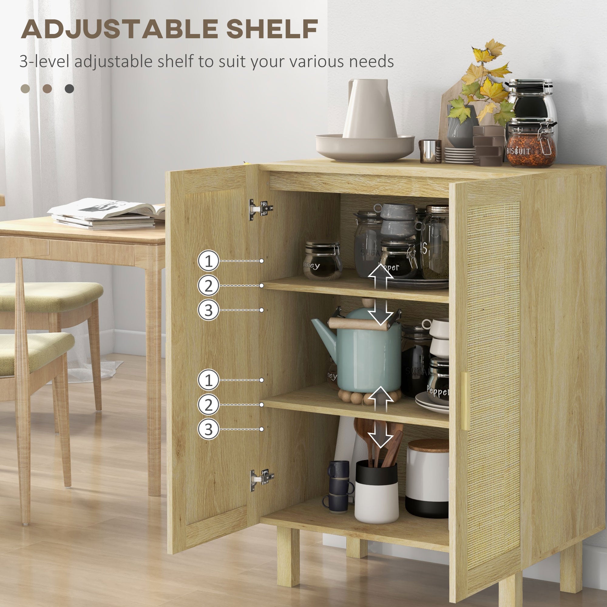 Boho Sideboard, Buffet Cabinet with Storage, 29" Coffee Bar Cabinet with Rattan Doors and Adjustable Shelves, Natural Wood