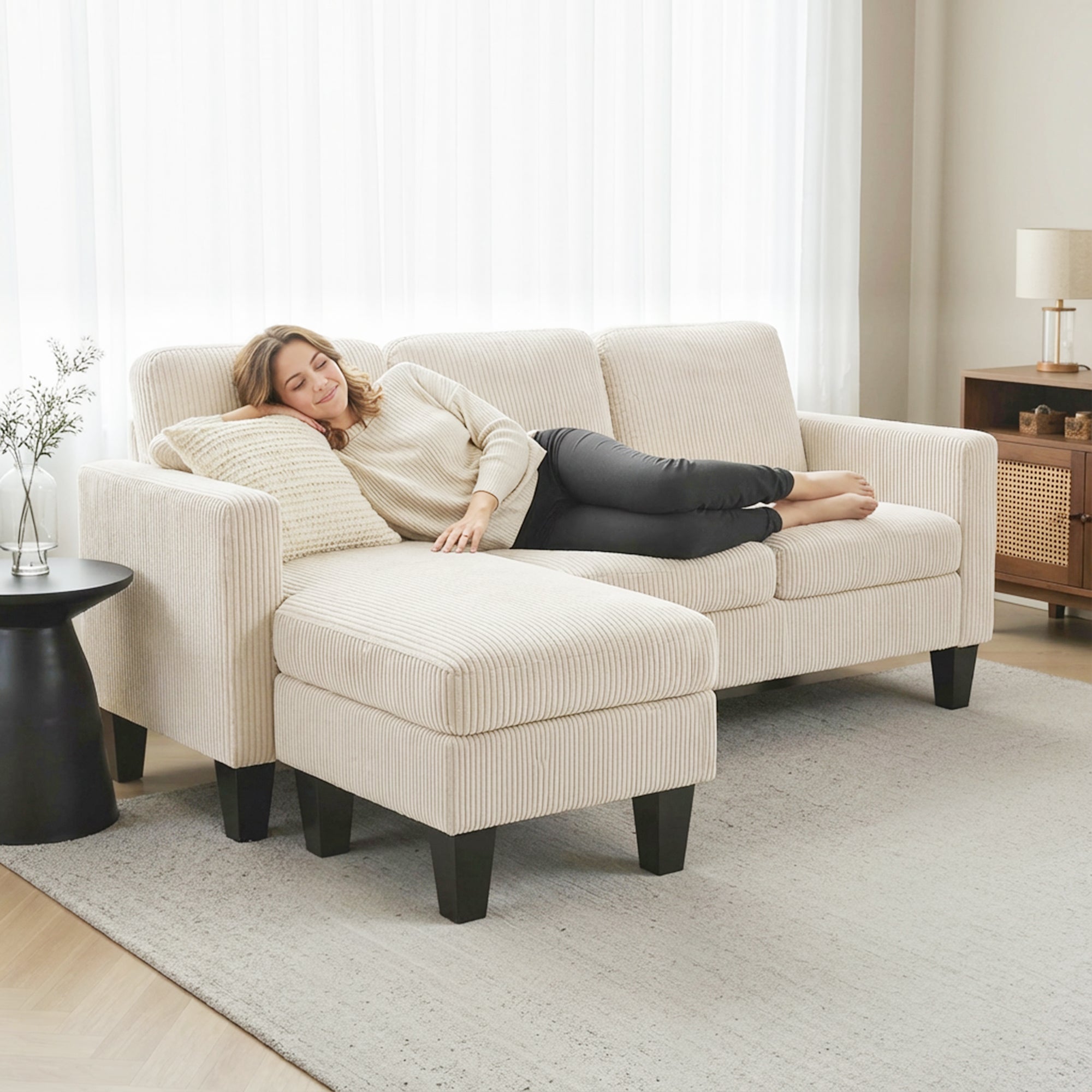 73" Sectional Sofa, L Shaped Couch with Reversible Chaise or Ottoman, Corduroy 3 Seat Sectional Couch for Living Room, Bedroom, Apartment, 2200lb Capacity, Cream White