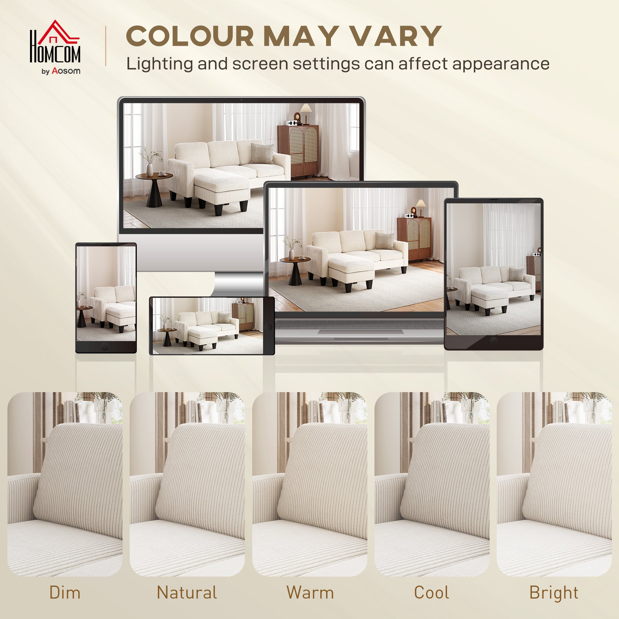 73" Sectional Sofa, L Shaped Couch with Reversible Chaise or Ottoman, Corduroy 3 Seat Sectional Couch for Living Room, Bedroom, Apartment, 2200lb Capacity, Cream White