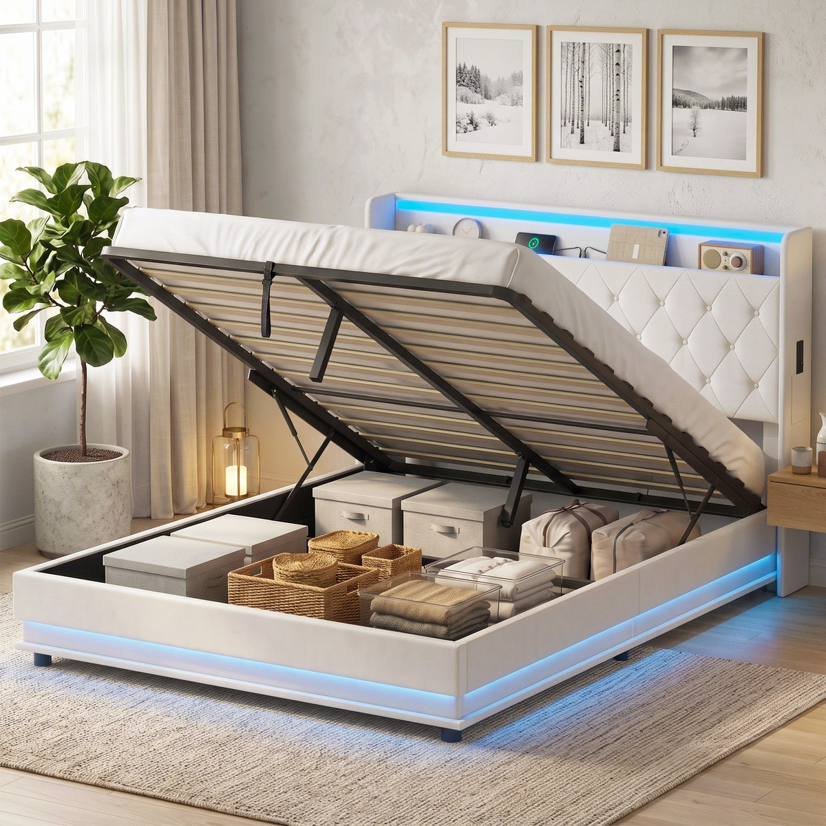 5ft King Ottoman Bed Frame with Hydraulic Storage, APP Control LED Lights and Charging Station, Upholstered Lift Up Storage Bed Frame with Headboard, No Box Spring Needed, Cream White