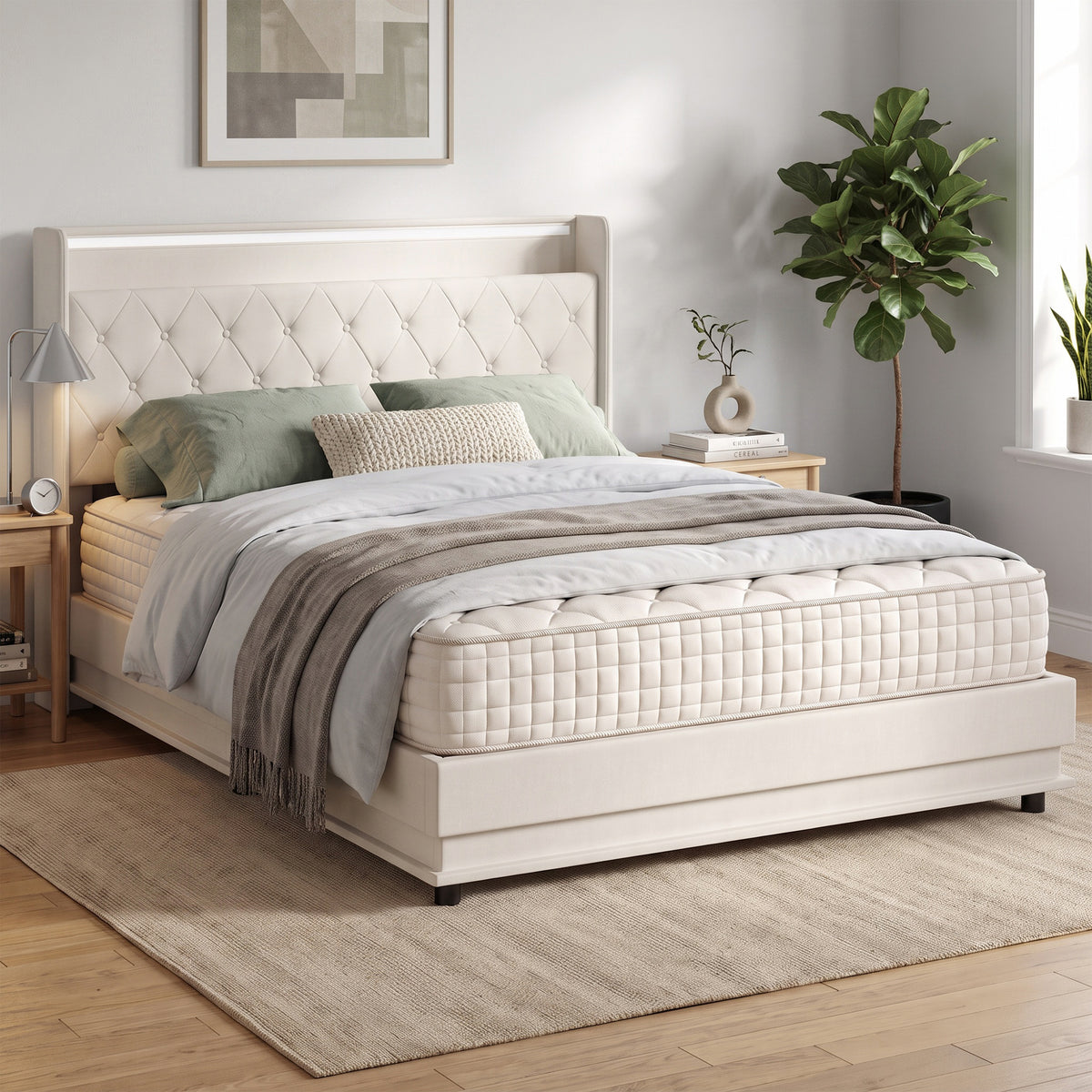 5ft King Ottoman Bed Frame with Hydraulic Storage, APP Control LED Lights and Charging Station, Upholstered Lift Up Storage Bed Frame with Headboard, No Box Spring Needed, Cream White