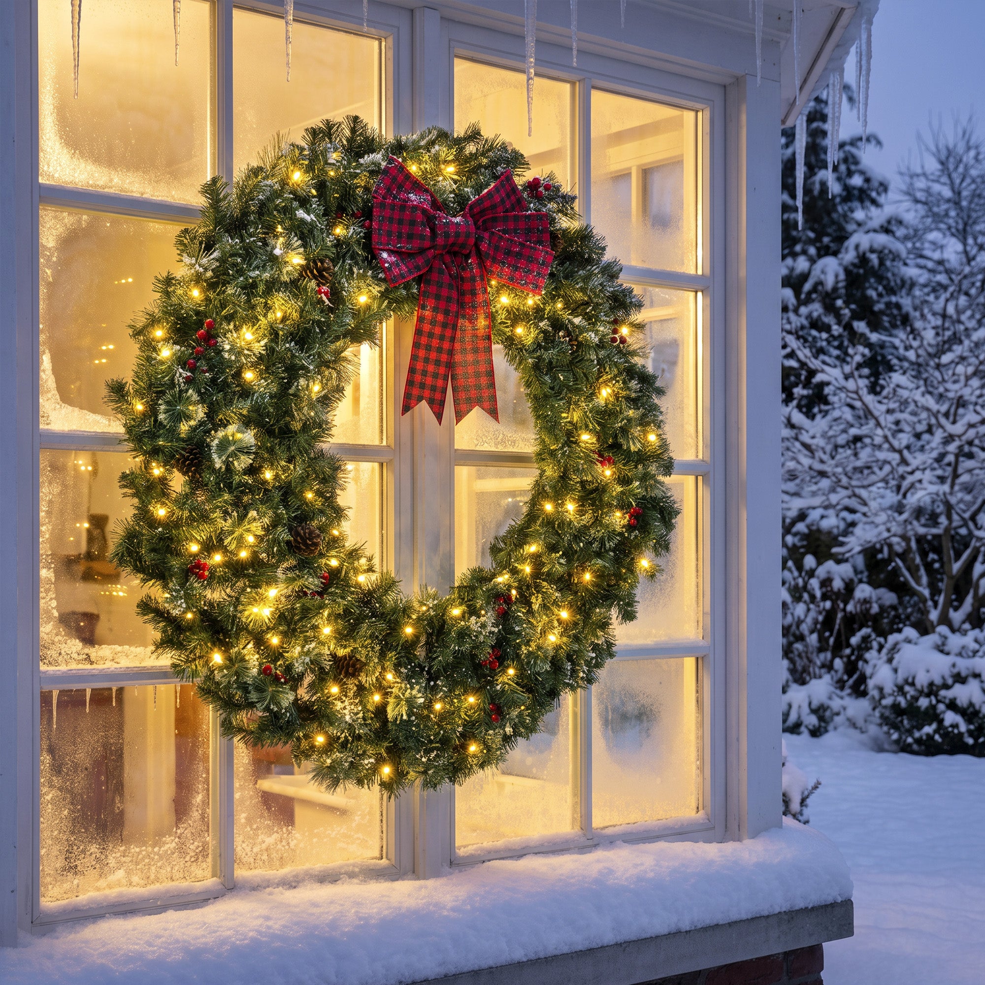 48 in Pre-Lit Crestwood Spruce Artificial Christmas Wreath, Christmas Decoration with Bow, 150 LED Lights, 500 Tips, 8 Modes, Red Berries, Pinecones for Door, Indoor Covered Outdoor, Green