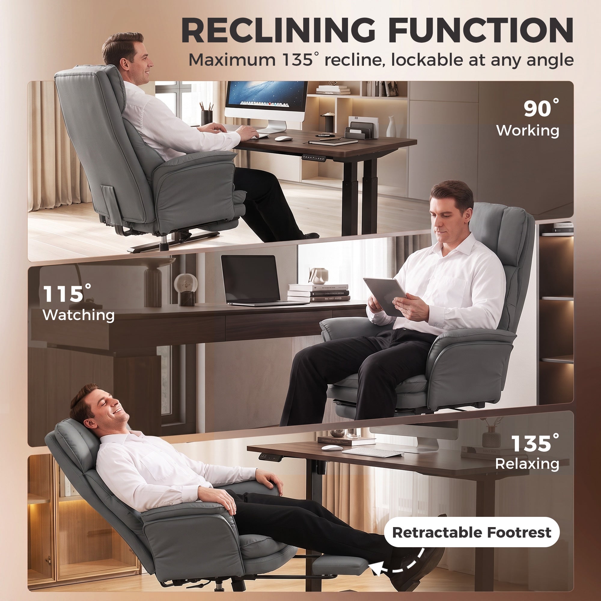 Cross Legged Office Chair w/ Footrest, 396 lbs Reclining Computer Desk Chair with High Back, Flip-up Armrests, Adjustable Height, Thick Cushion, Rocking Function, Faux Leather, Dark Gray