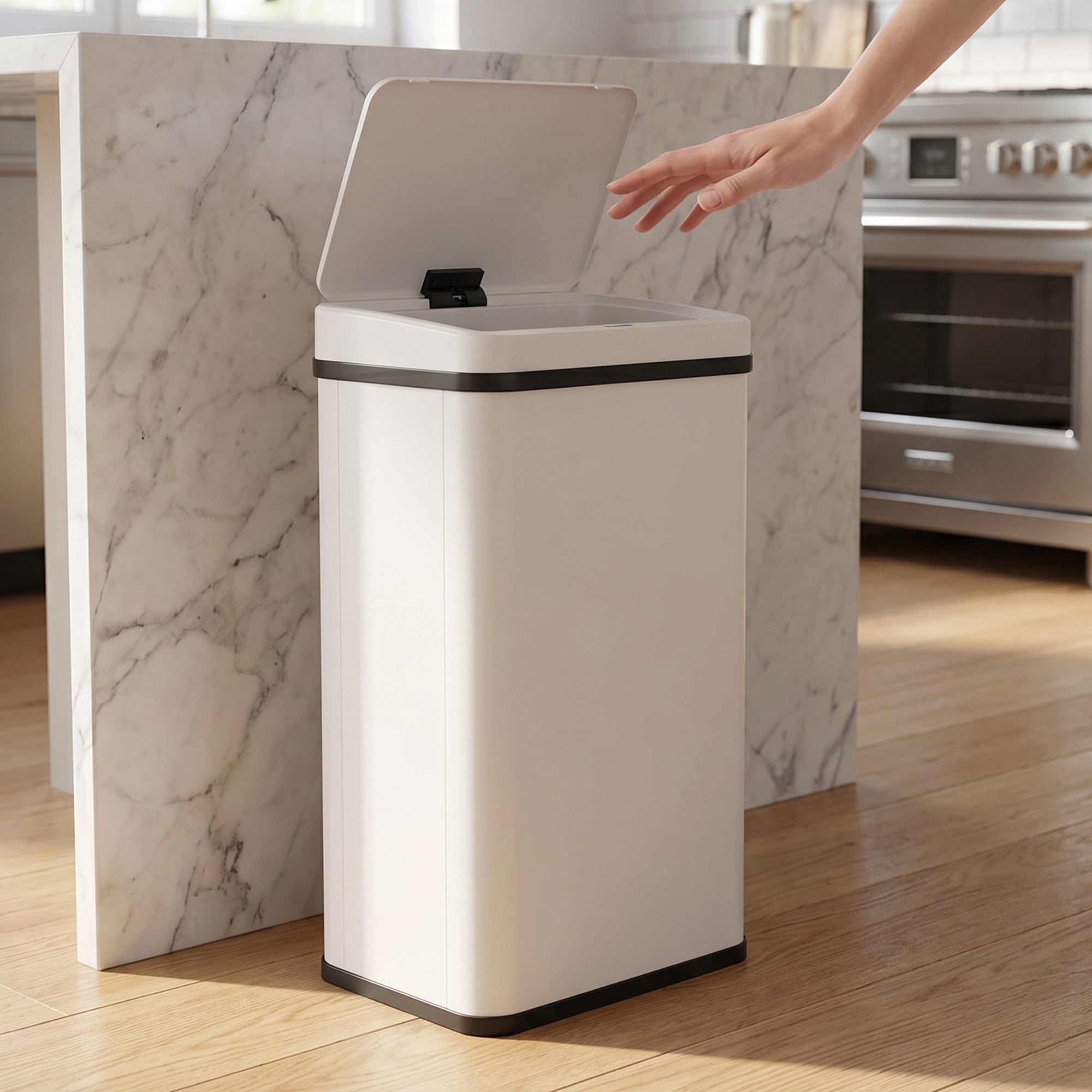 40L Sensor Bin with Quiet Soft-Close Lid, Automatic Touchless Motion Sensor Kitchen Bin with Fingerprint Resistant Stainless Steel for Hygienic Gyms, Home Office Use, White