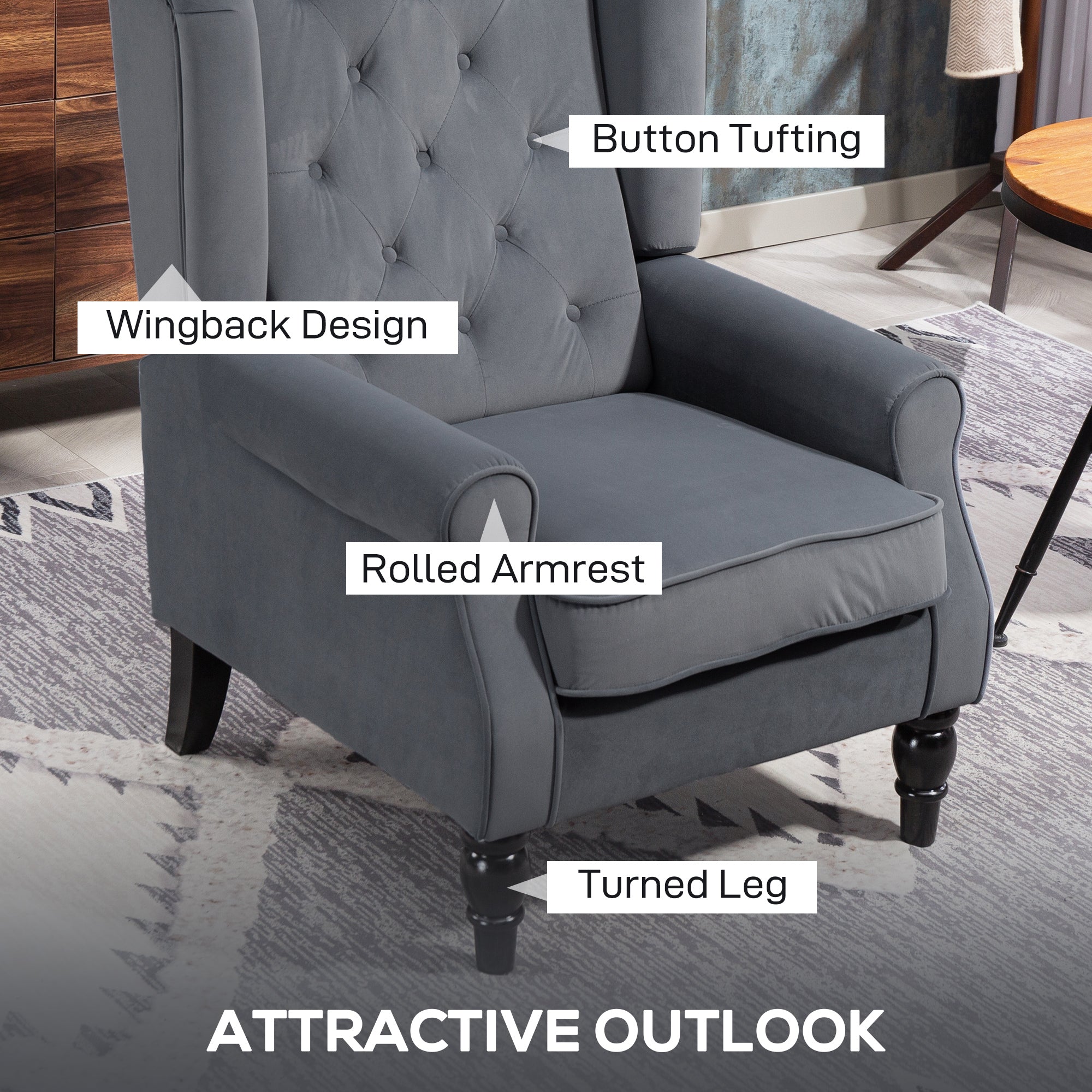 Retro Accent Chair, Velvet Wingback Armchair with Wood Frame Button Tufted Design for Living Room Bedroom, Grey