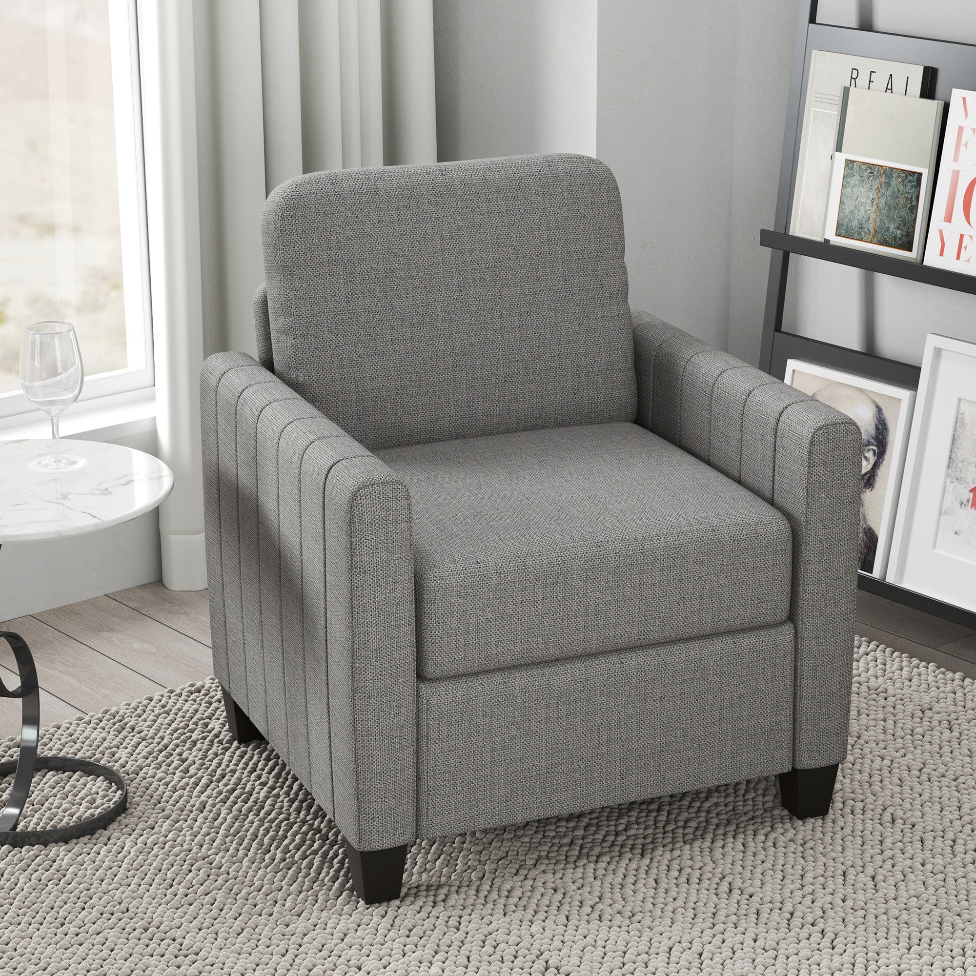 HOMCOM Armchair, Channel Tufted Modern Fabric Accent Chair, Comfy Upholstered Reading Lounge with Spring Cushion, Back Pillow, for Living Room, Bedroom, Office, Light Grey