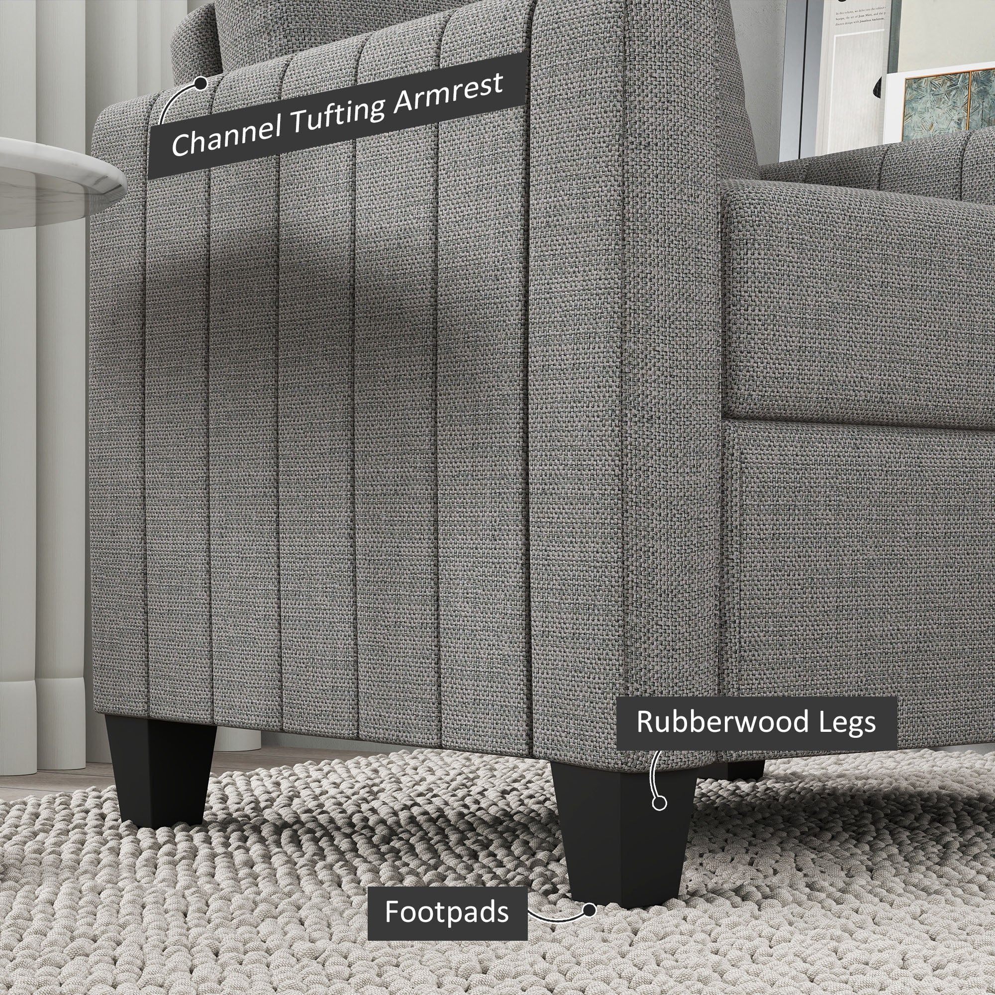HOMCOM Armchair, Channel Tufted Modern Fabric Accent Chair, Comfy Upholstered Reading Lounge with Spring Cushion, Back Pillow, for Living Room, Bedroom, Office, Light Grey