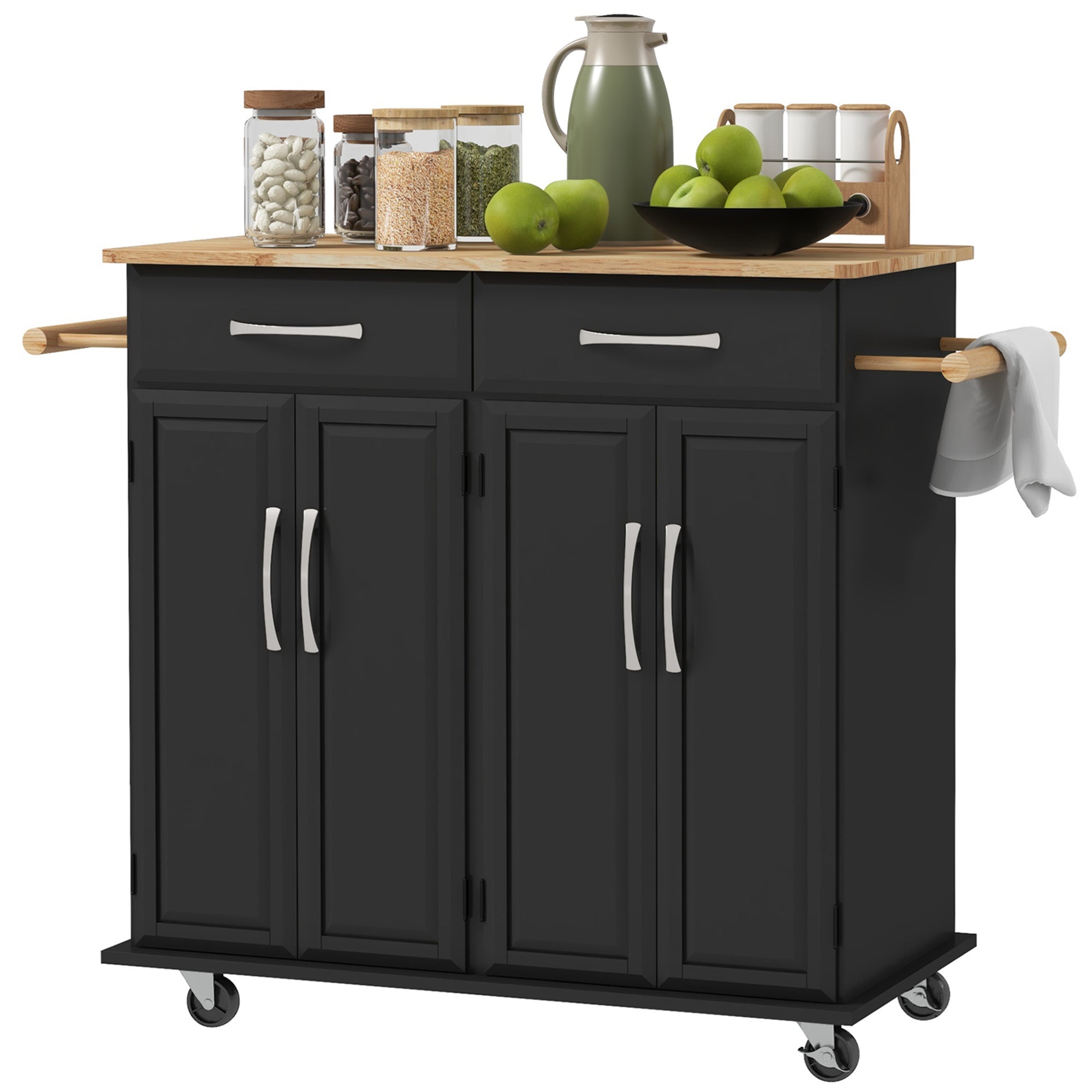 HOMCOM Kitchen Island with Storage, Rolling Kitchen Cart on Wheels with 2 Drawers, 2 Cabinets, Rubberwood Top and Towel Racks (Black)