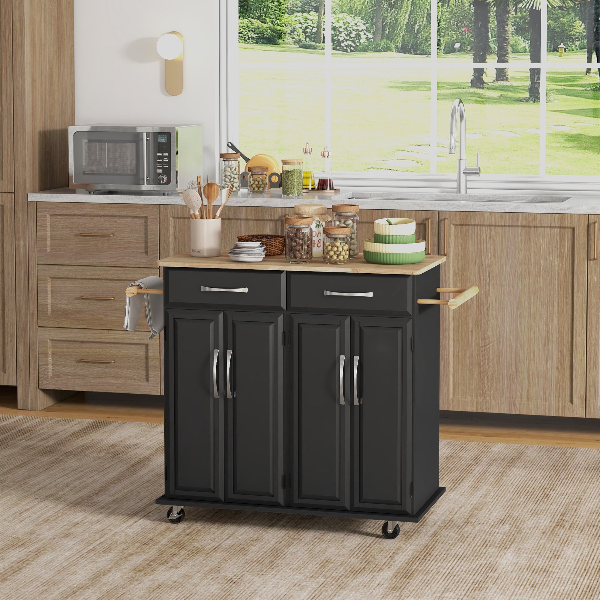 HOMCOM Kitchen Island with Storage, Rolling Kitchen Cart on Wheels with 2 Drawers, 2 Cabinets, Rubberwood Top and Towel Racks (Black)