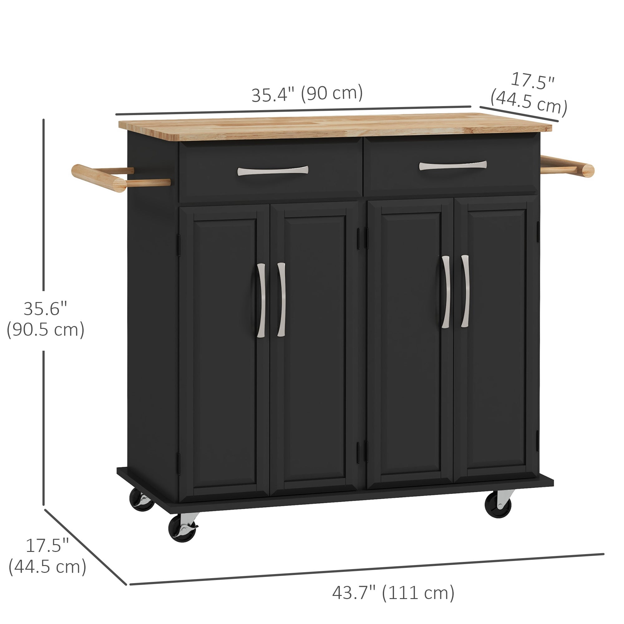 HOMCOM Kitchen Island with Storage, Rolling Kitchen Cart on Wheels with 2 Drawers, 2 Cabinets, Rubberwood Top and Towel Racks (Black)