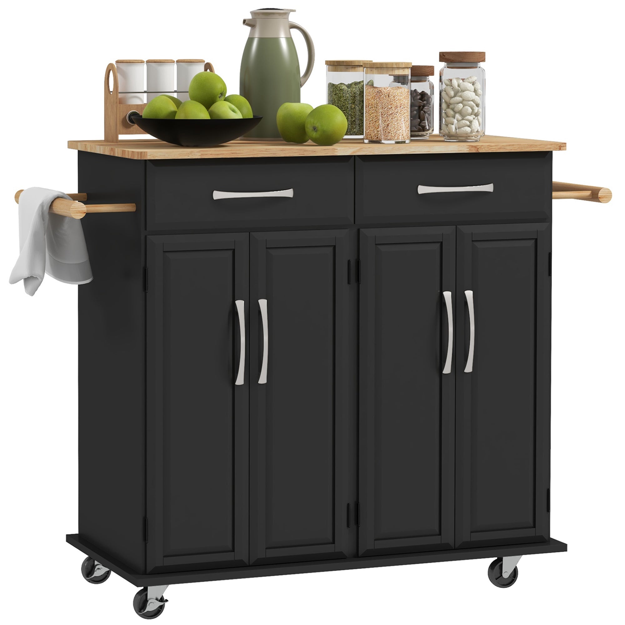 HOMCOM Kitchen Island with Storage, Rolling Kitchen Cart on Wheels with 2 Drawers, 2 Cabinets, Rubberwood Top and Towel Racks (Black)