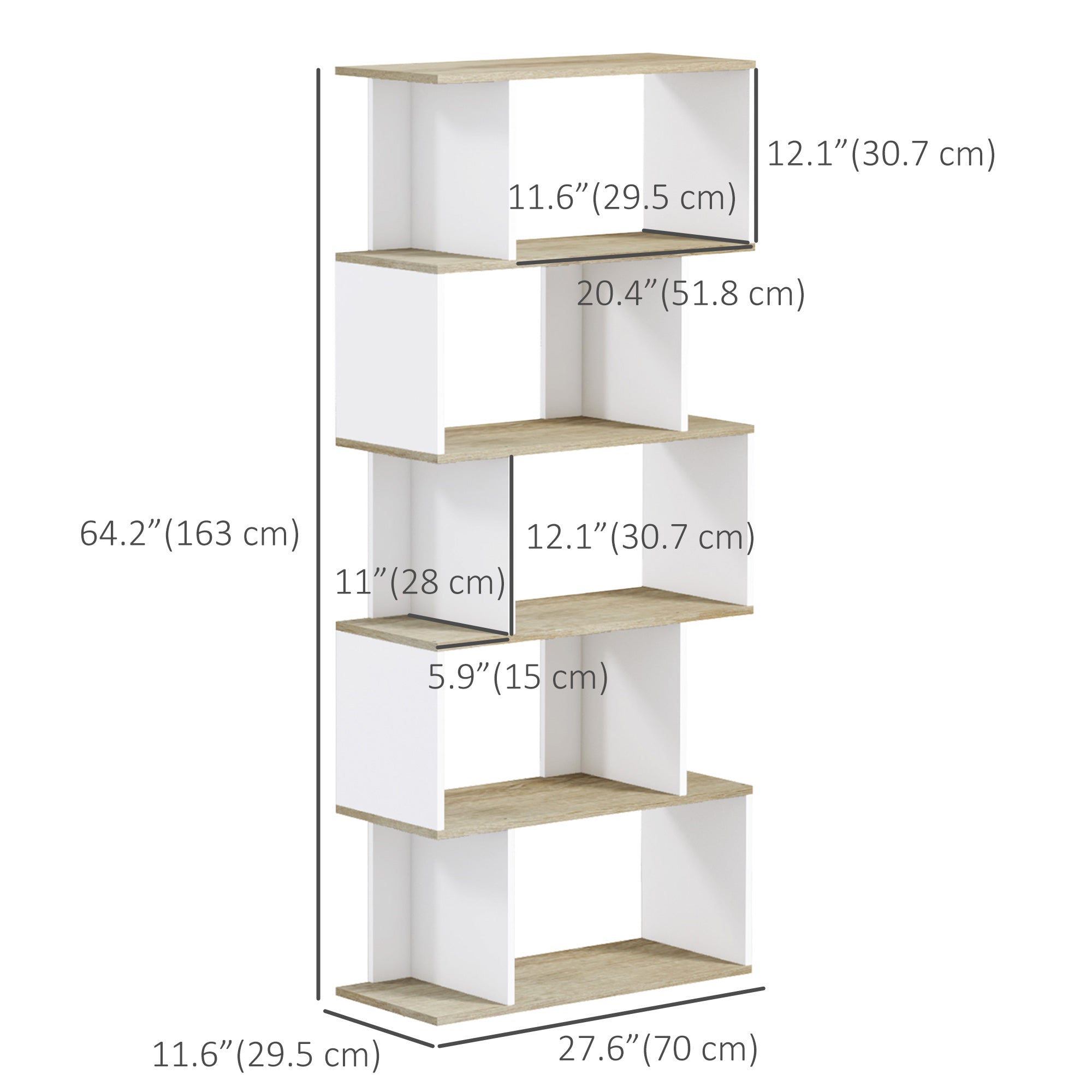 5-Tier Bookshelf, Geometric S Shaped Bookcase, Tall Narrow Display Shelf for for Living Room, Study Room, Home Office, White