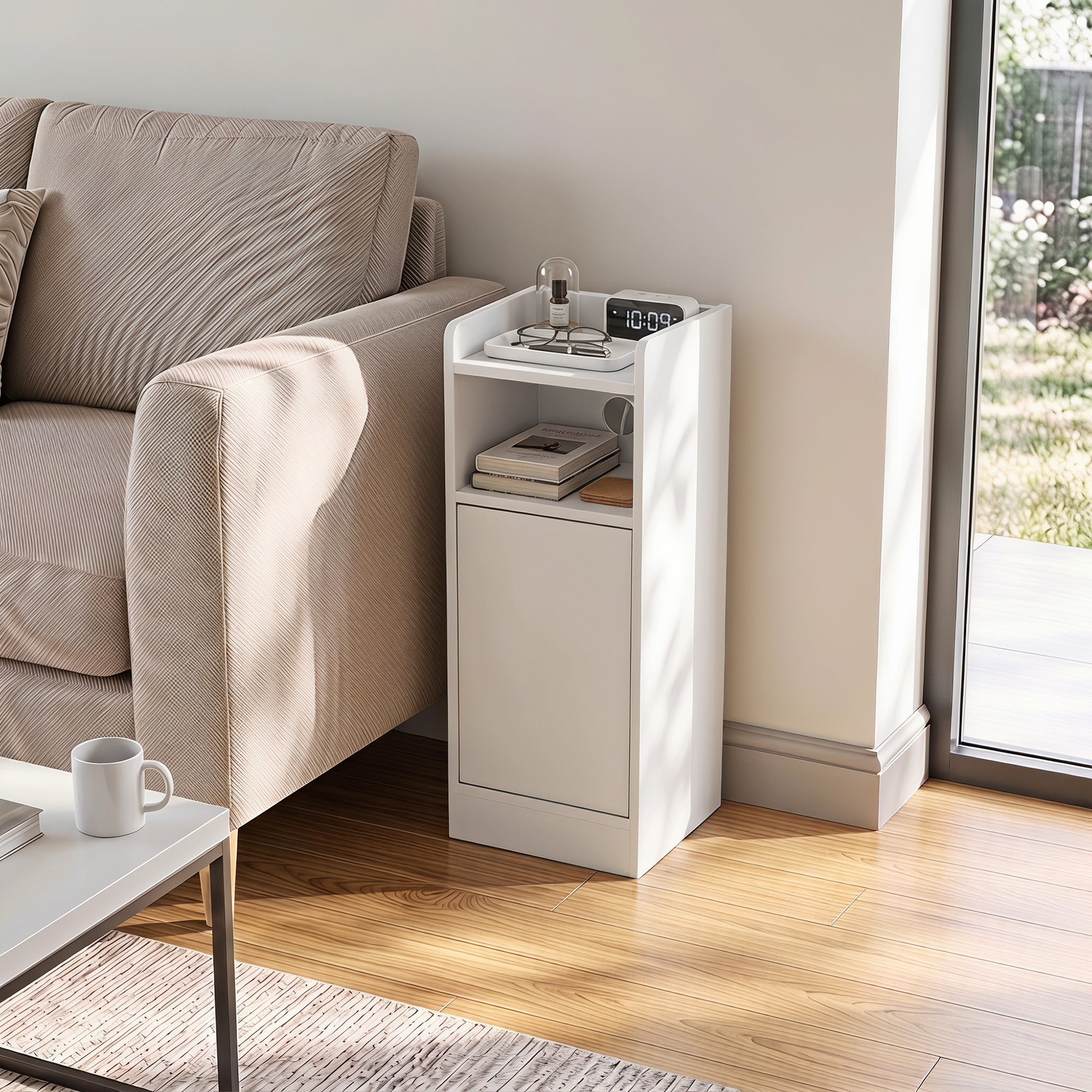 Slim Bedside Table Set of 2 with Charging Station, Narrow Bedside Cabinet with Open Compartment, Adjustable Shelf and Cupboard, Side End Table for Bedroom Living Room Compact Nooks, White