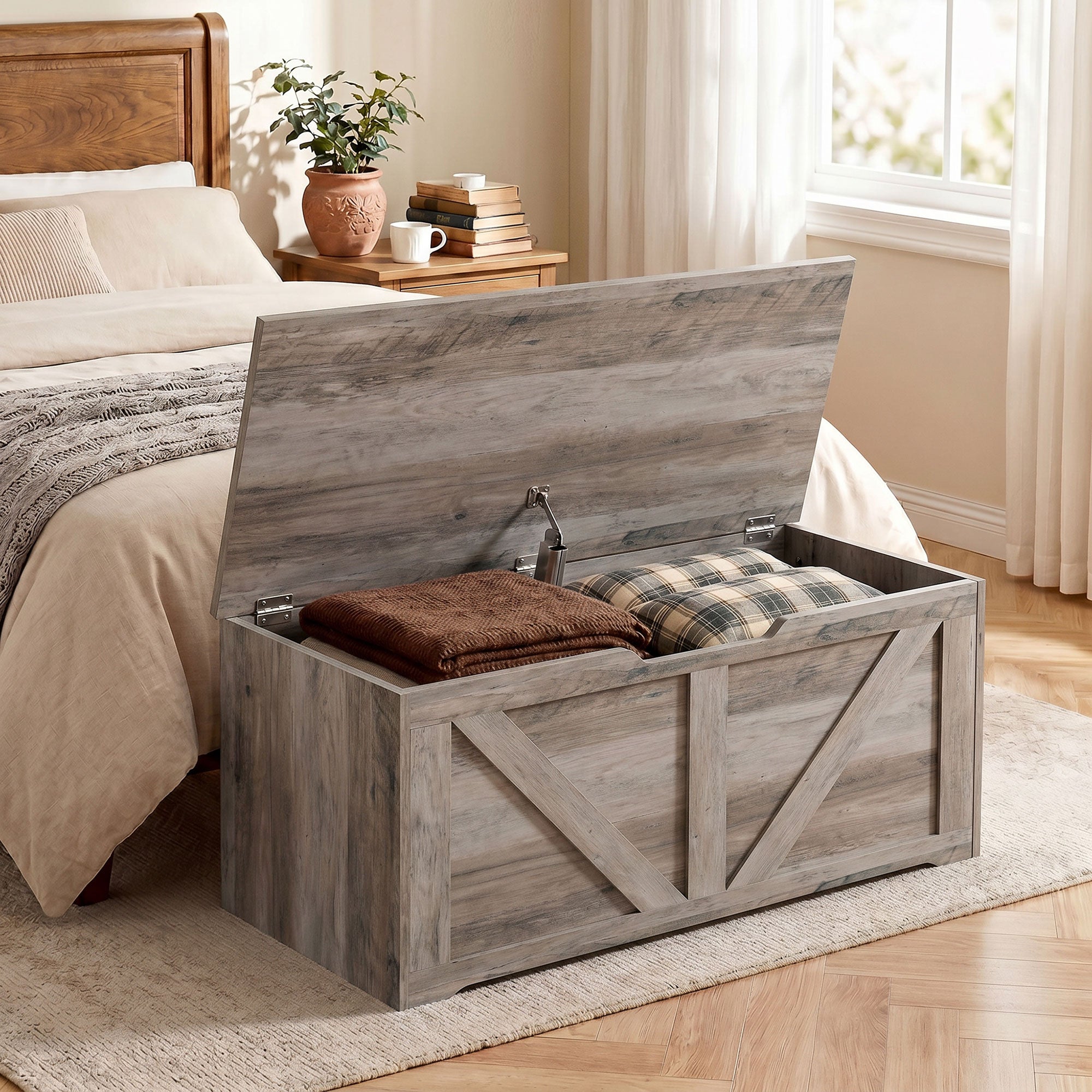 100L Storage Chest, Shoe Storage Trunk Bench Box with Safety Hinge and U-shaped Cut-out Pull, Blanket Box Ottoman for Bedroom, Living Room, Entryway, 80 x 40 x 45 cm, Grey Wood-Effect