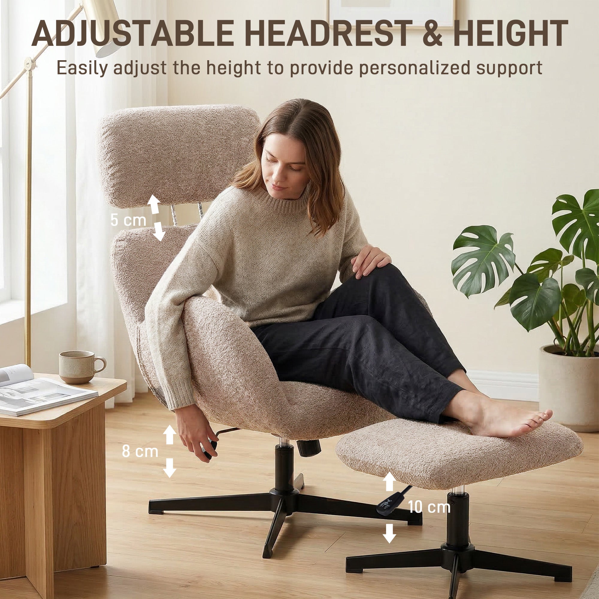 Swivel Armchair and Footstool Set, Raindrop Velvet Height Adjustable Accent Chair with Adjustable Headrest, Rocking Function, Wide Back, Modern Lounge Chair for Living Room, Light Brown