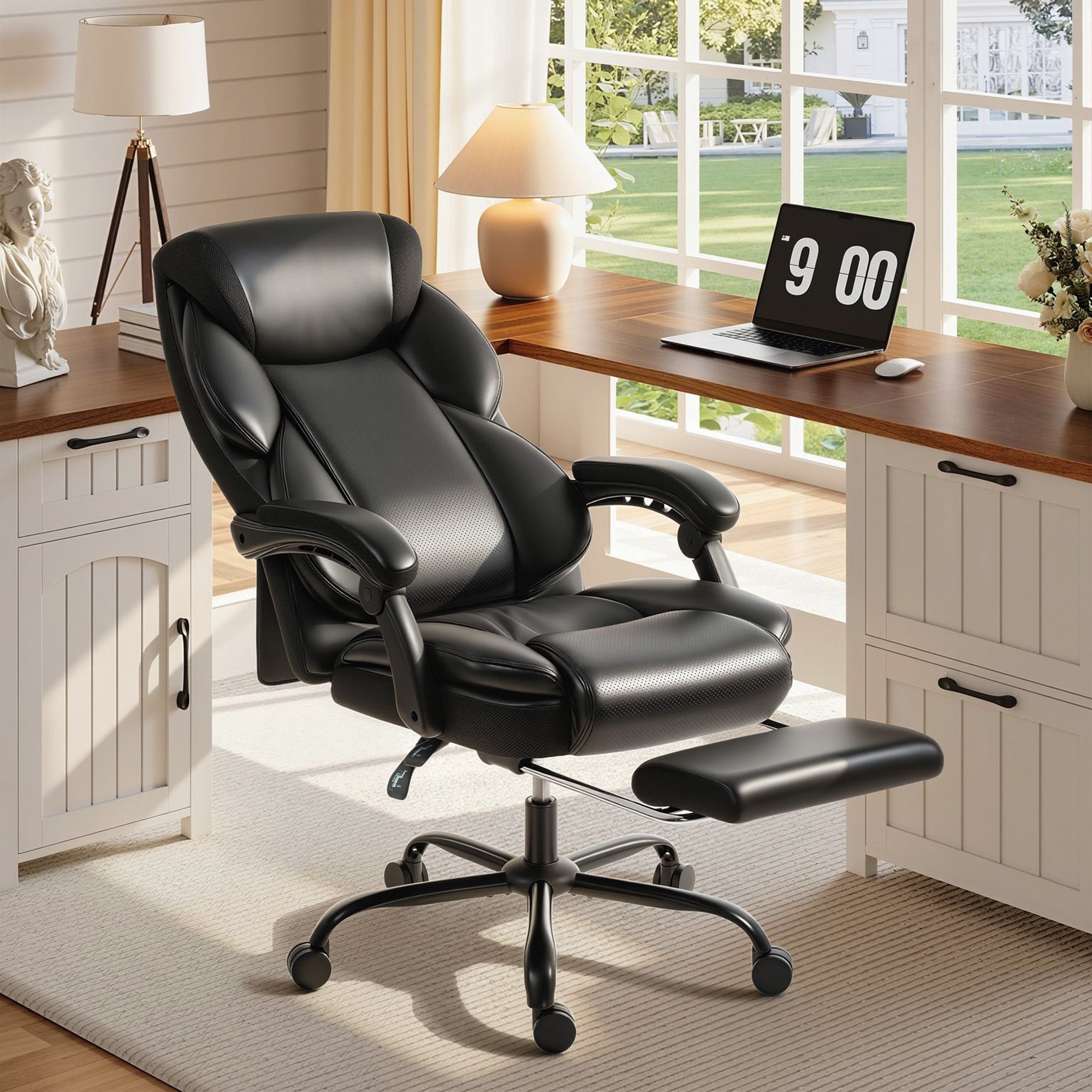 Office Chair, PU Leather Reclining Computer Desk Chair with Footrest, Armrest, Adjustable Height, Swivel Casters, Black