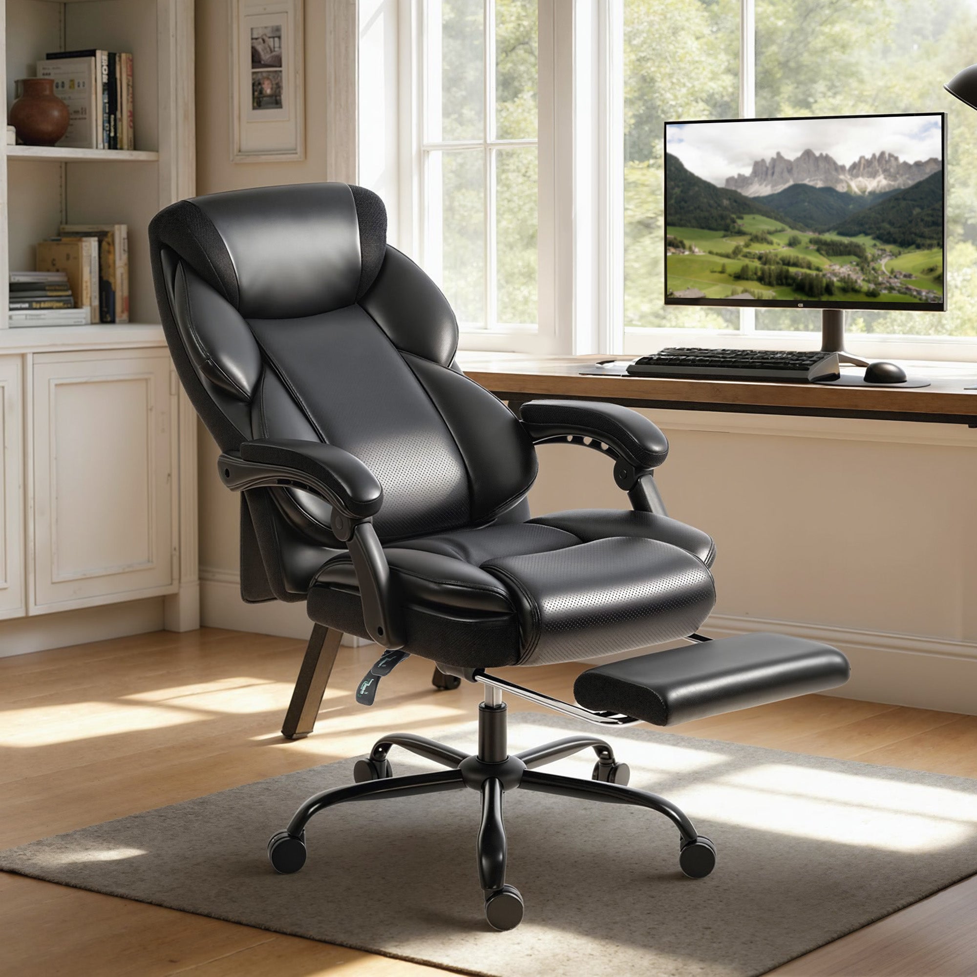 Office Chair, PU Leather Reclining Computer Desk Chair with Footrest, Armrest, Adjustable Height, Swivel Casters, Black