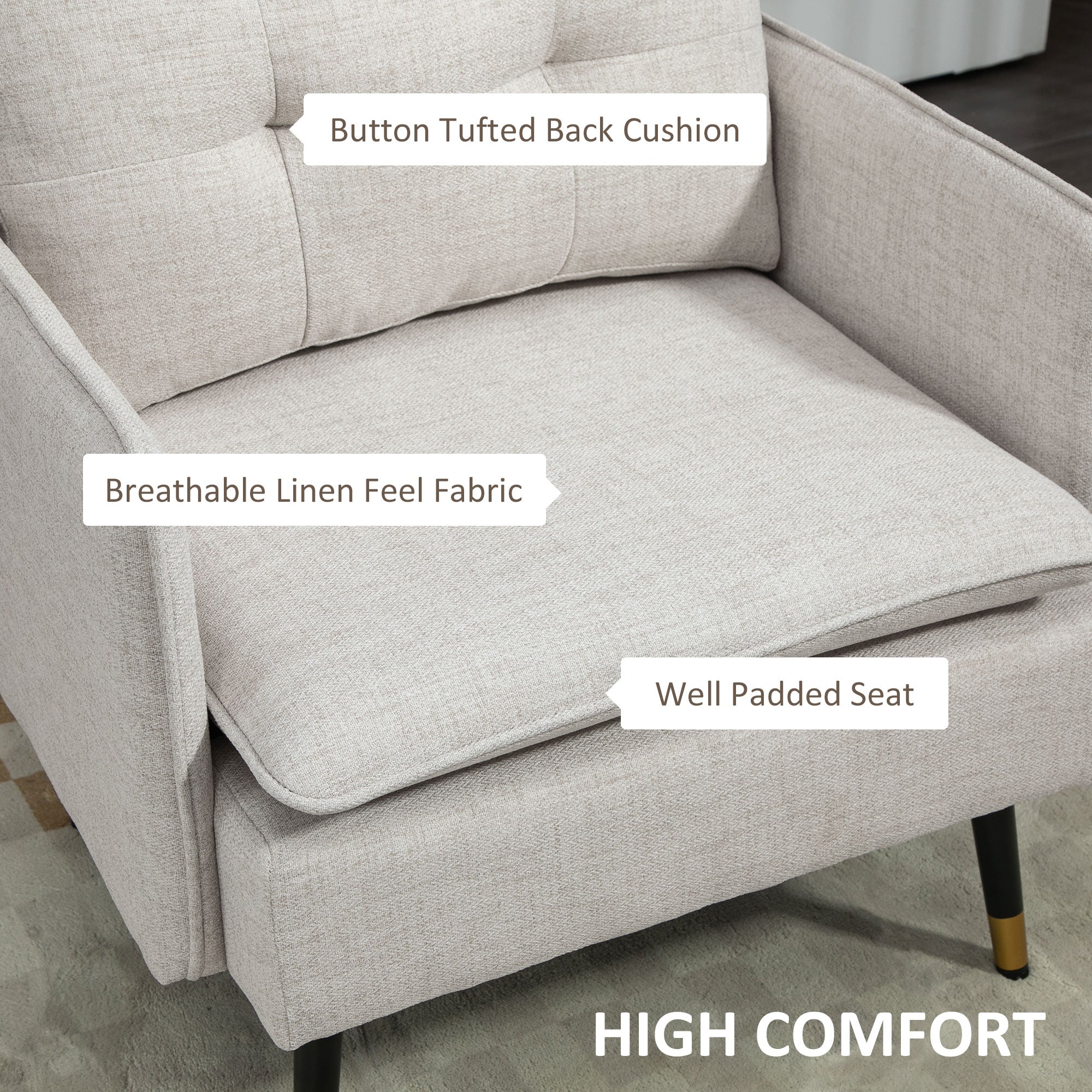 HOMCOM Accent Chair with Cushioned Seat and Back, Upholstered Fabric Armchair for Bedroom, Button Tufted Living Room Chair with Arms and Steel Legs, Cream White