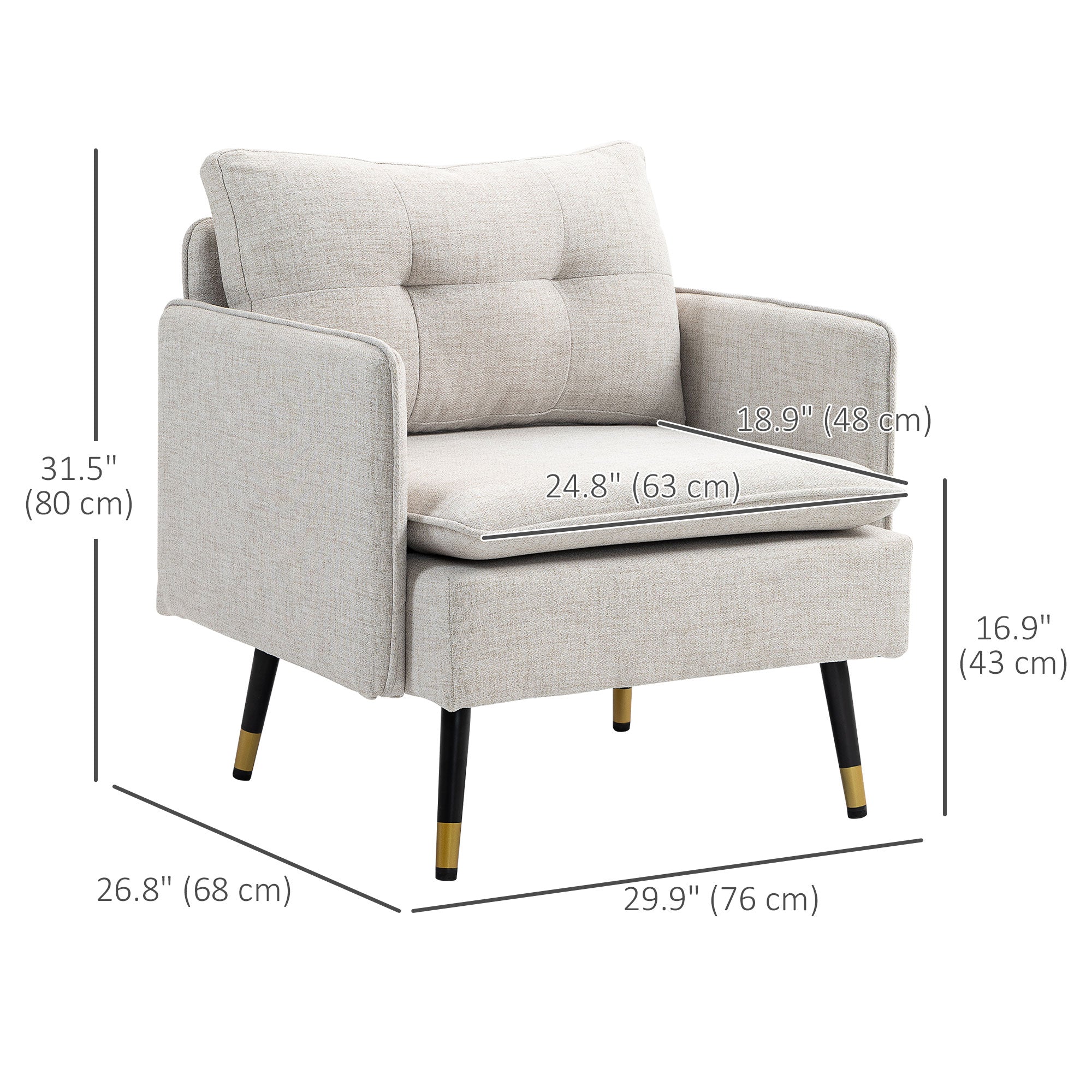 HOMCOM Accent Chair with Cushioned Seat and Back, Upholstered Fabric Armchair for Bedroom, Button Tufted Living Room Chair with Arms and Steel Legs, Cream White