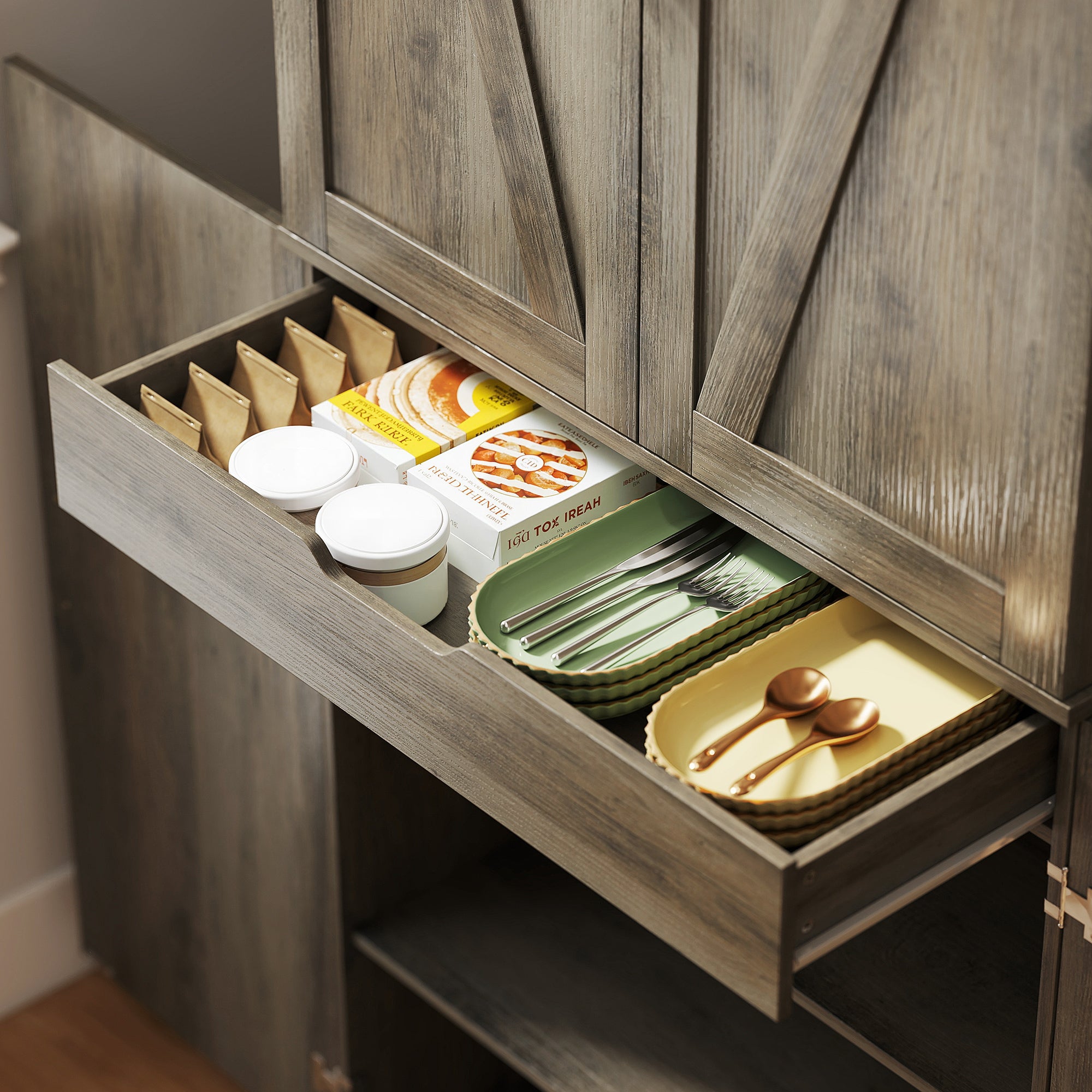 72" Kitchen Pantry Cabinet, Farmhouse Freestanding Tall Kitchen Storage Cabinet with 4 Barn Doors, Hidden Drawer, 8 Door Shelves and Adjustable Shelf, Light Ivory Grey