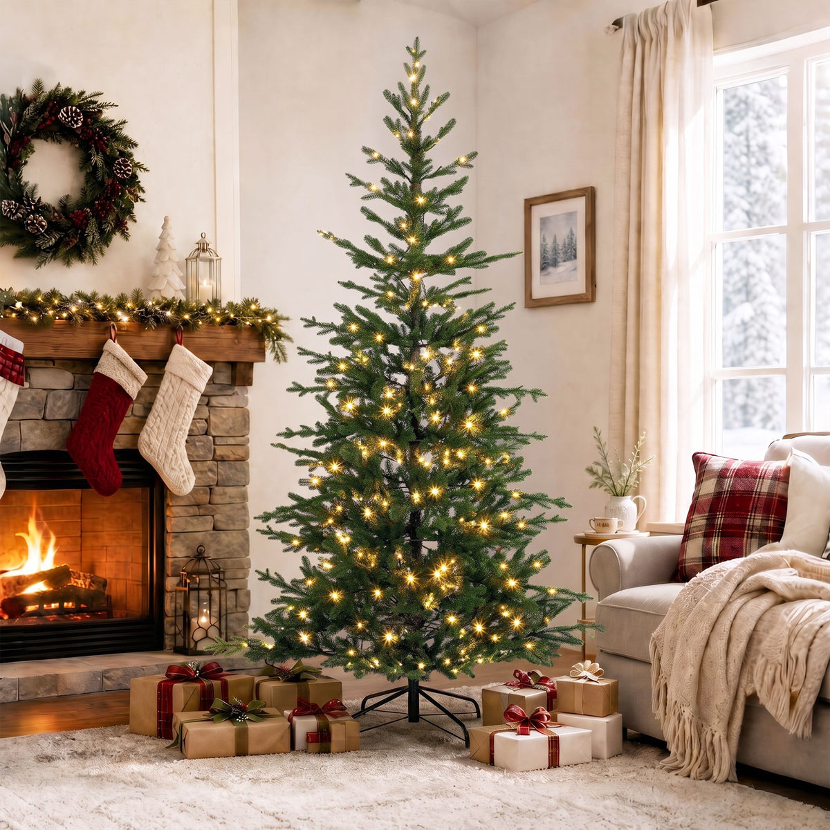 7ft Prelit Sparse Christmas Tree, Artificial Downswept Hinged Xmas Tree with 300 Warm White LED Lights, 8 Modes, 2517 Tips, Metal Stand, Green