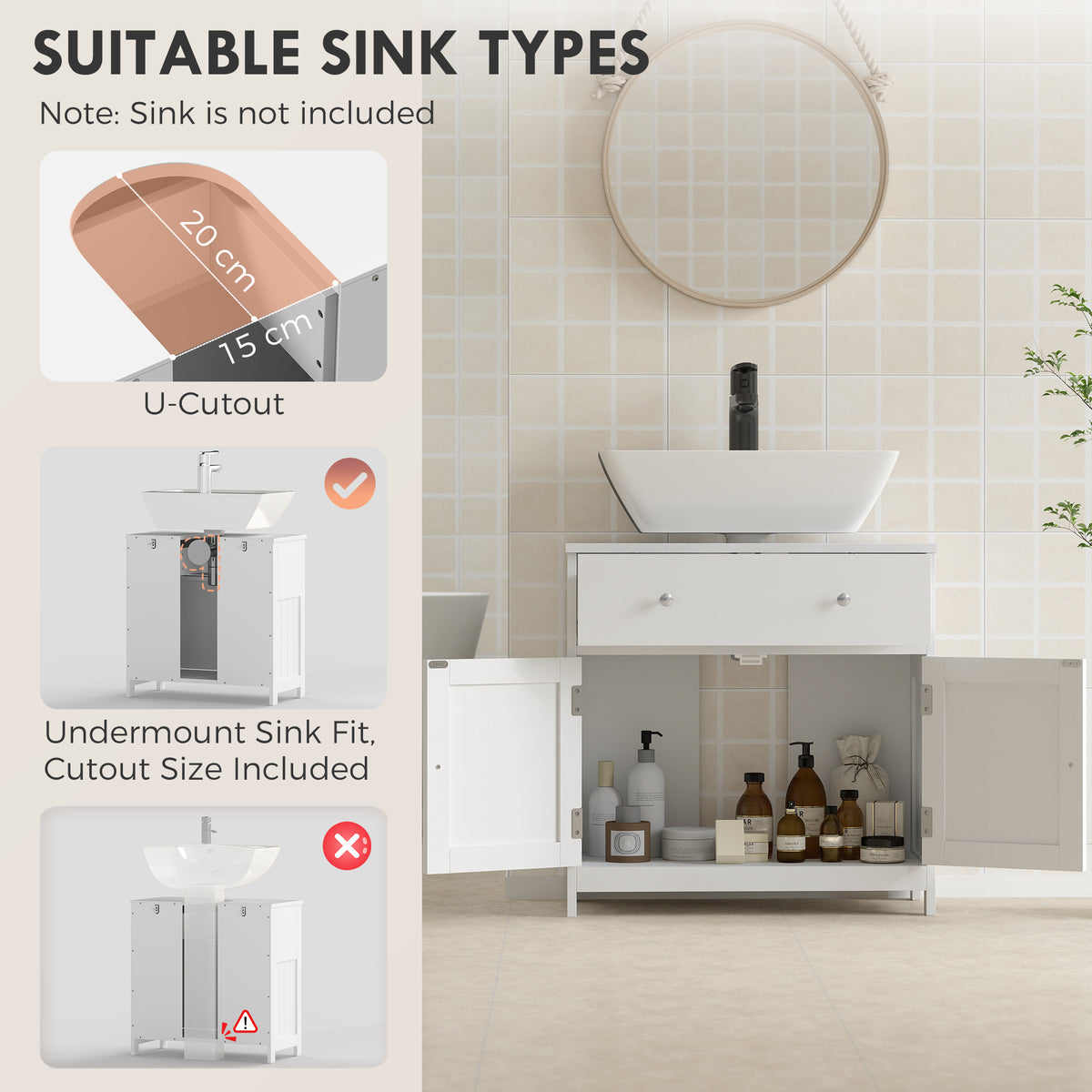 23.6" Modern Bathroom Vanity Cabinet, Freestanding Under Sink Cabinet with Drawer and 2 Doors, U-Shape Cutout for Pedestal Sink, White