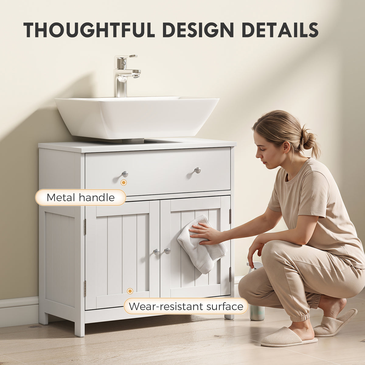 23.6" Modern Bathroom Vanity Cabinet, Freestanding Under Sink Cabinet with Drawer and 2 Doors, U-Shape Cutout for Pedestal Sink, White