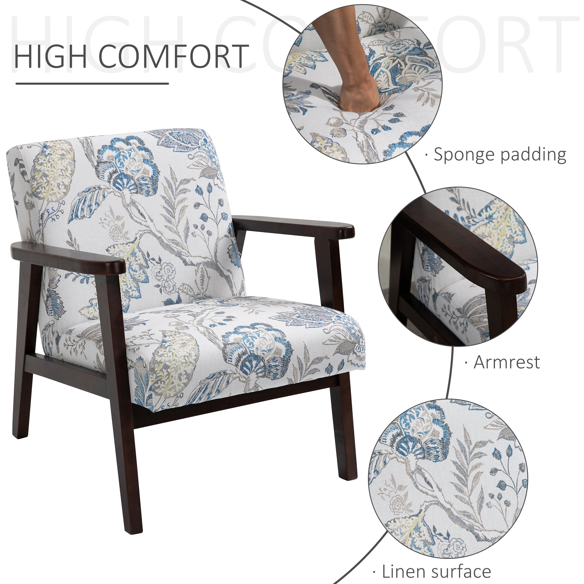 HOMCOM Fabric Accent Chair, Upholstered Armchair, Mid-Century Modern Living Room Chair with Wood Legs and Padded Cushion for Bedroom, Floral