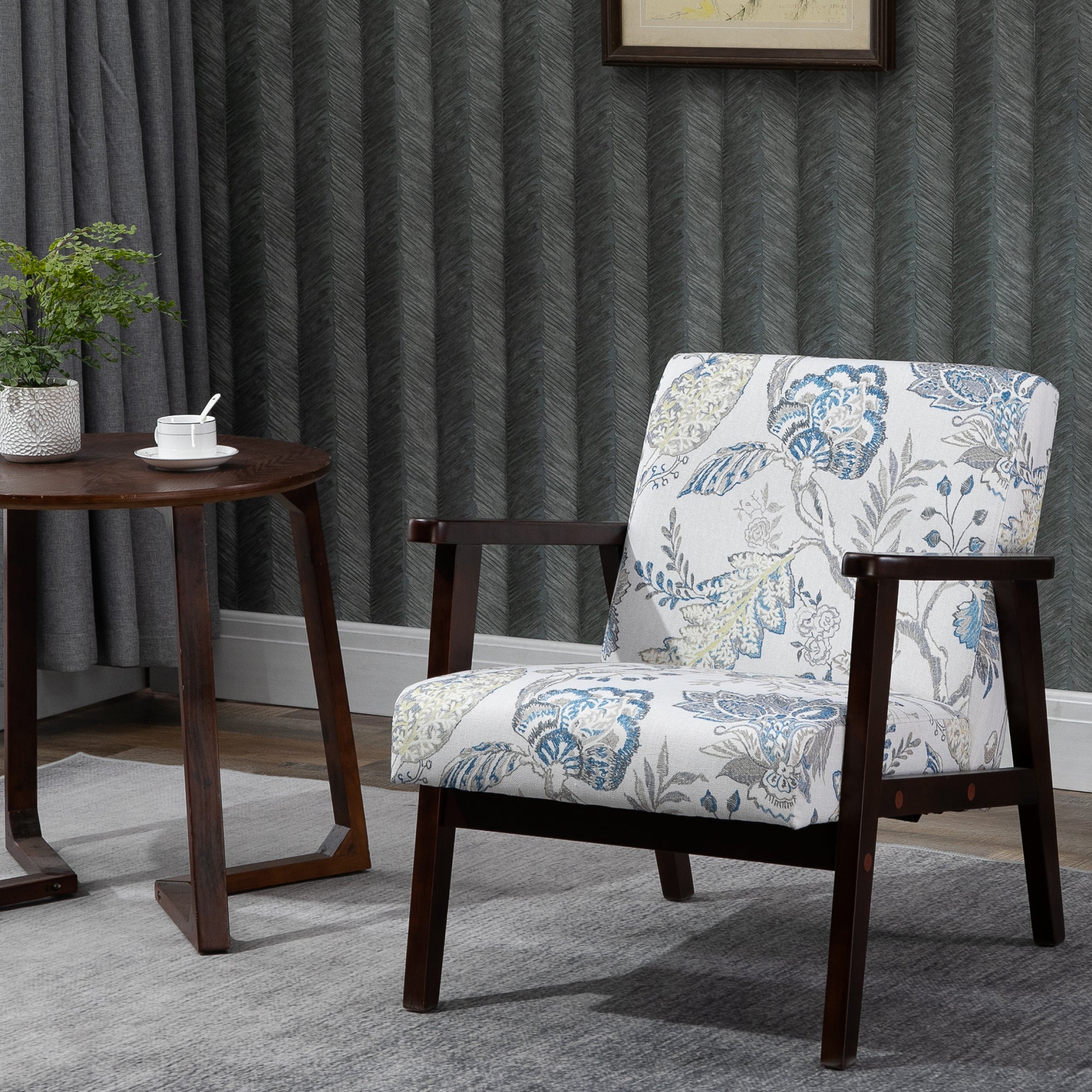 HOMCOM Fabric Accent Chair, Upholstered Armchair, Mid-Century Modern Living Room Chair with Wood Legs and Padded Cushion for Bedroom, Floral