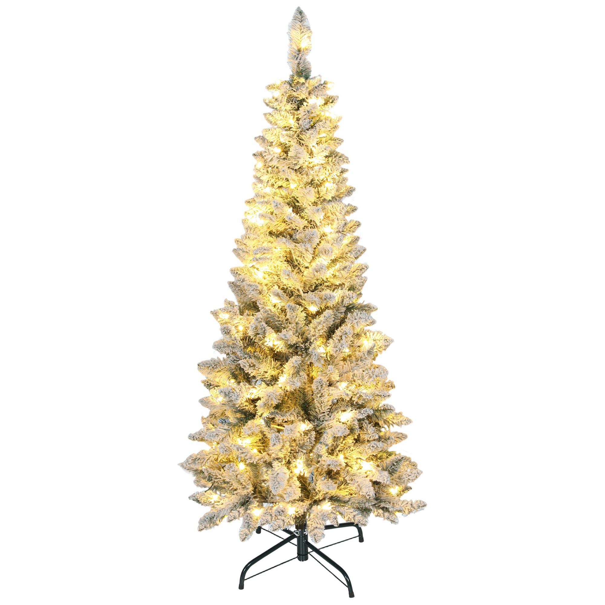 5ft Flocked Prelit Christmas Tree with Dual Colour LED Light, Pencil Shape, Hinged Xmas Tree with 11 Light Modes, Metal Stand, Easy Assembly for Holiday Decor