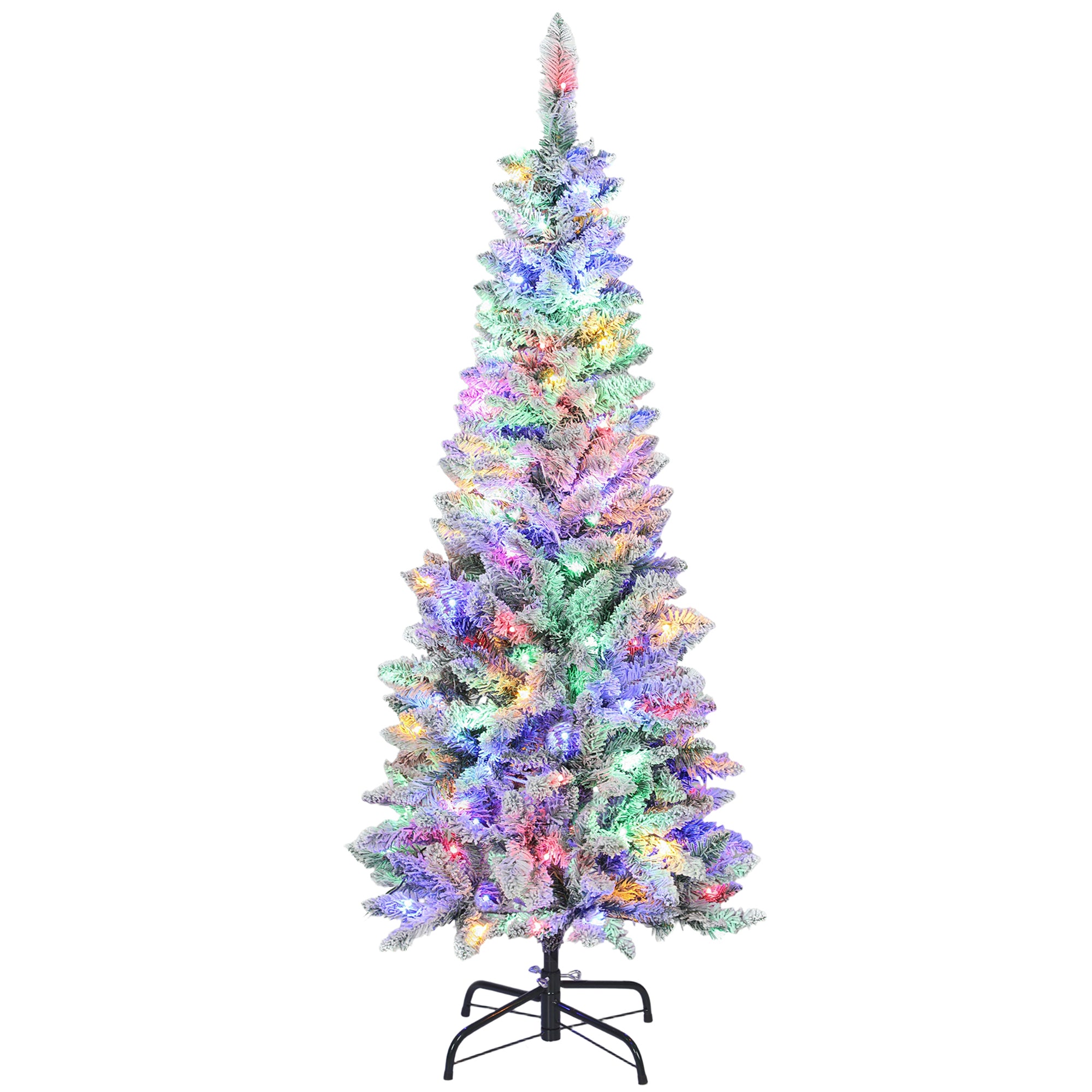 5ft Flocked Prelit Christmas Tree with Dual Colour LED Light, Pencil Shape, Hinged Xmas Tree with 11 Light Modes, Metal Stand, Easy Assembly for Holiday Decor