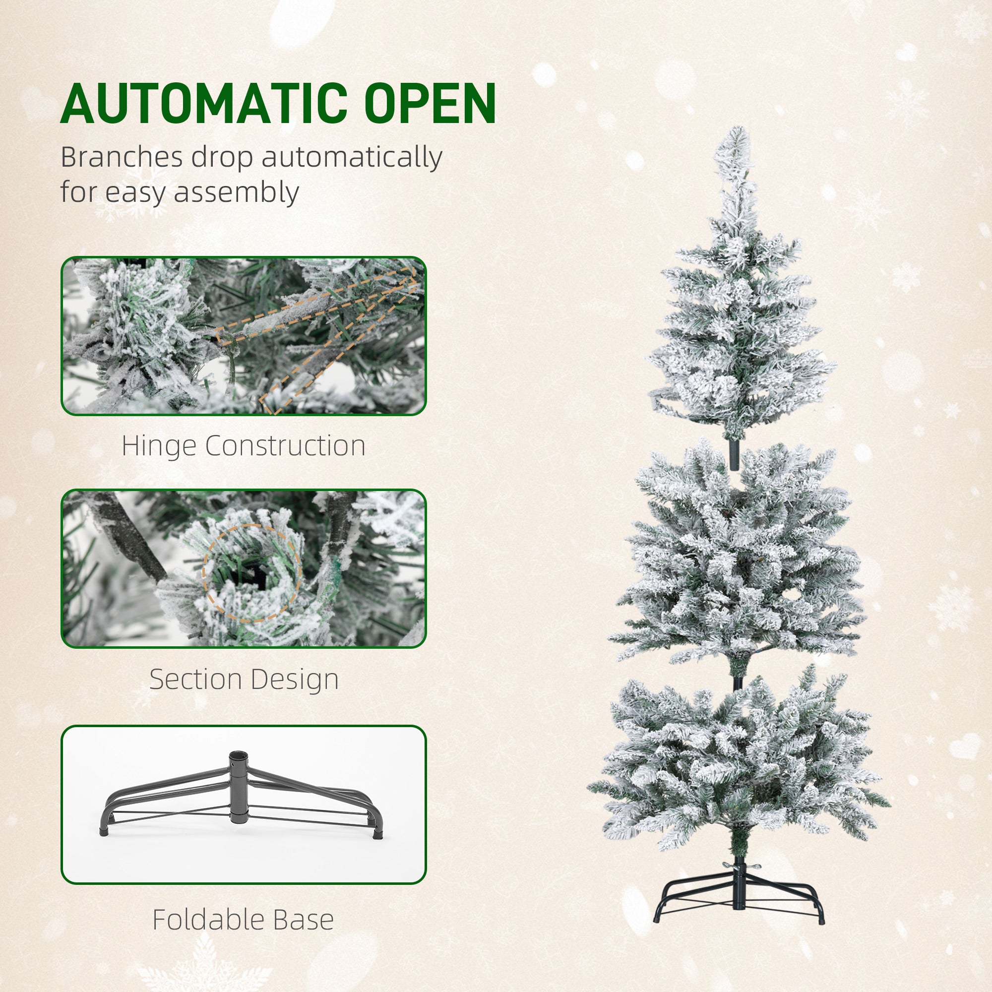 5ft Flocked Prelit Christmas Tree with Dual Colour LED Light, Pencil Shape, Hinged Xmas Tree with 11 Light Modes, Metal Stand, Easy Assembly for Holiday Decor