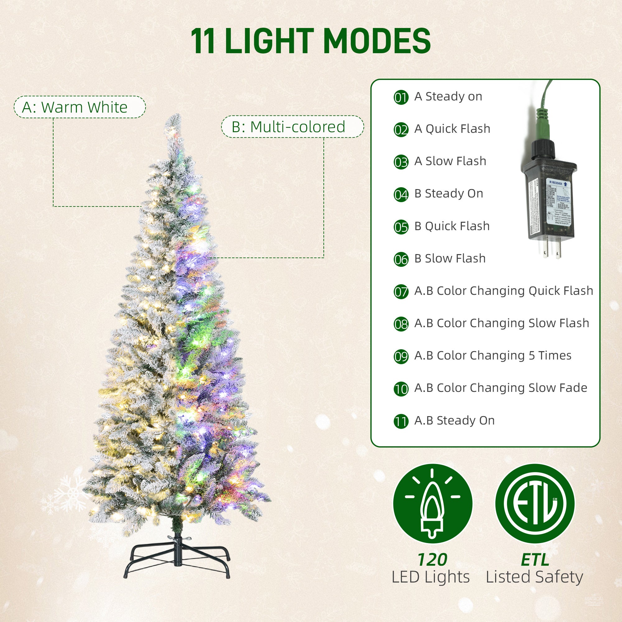 5ft Flocked Prelit Christmas Tree with Dual Colour LED Light, Pencil Shape, Hinged Xmas Tree with 11 Light Modes, Metal Stand, Easy Assembly for Holiday Decor