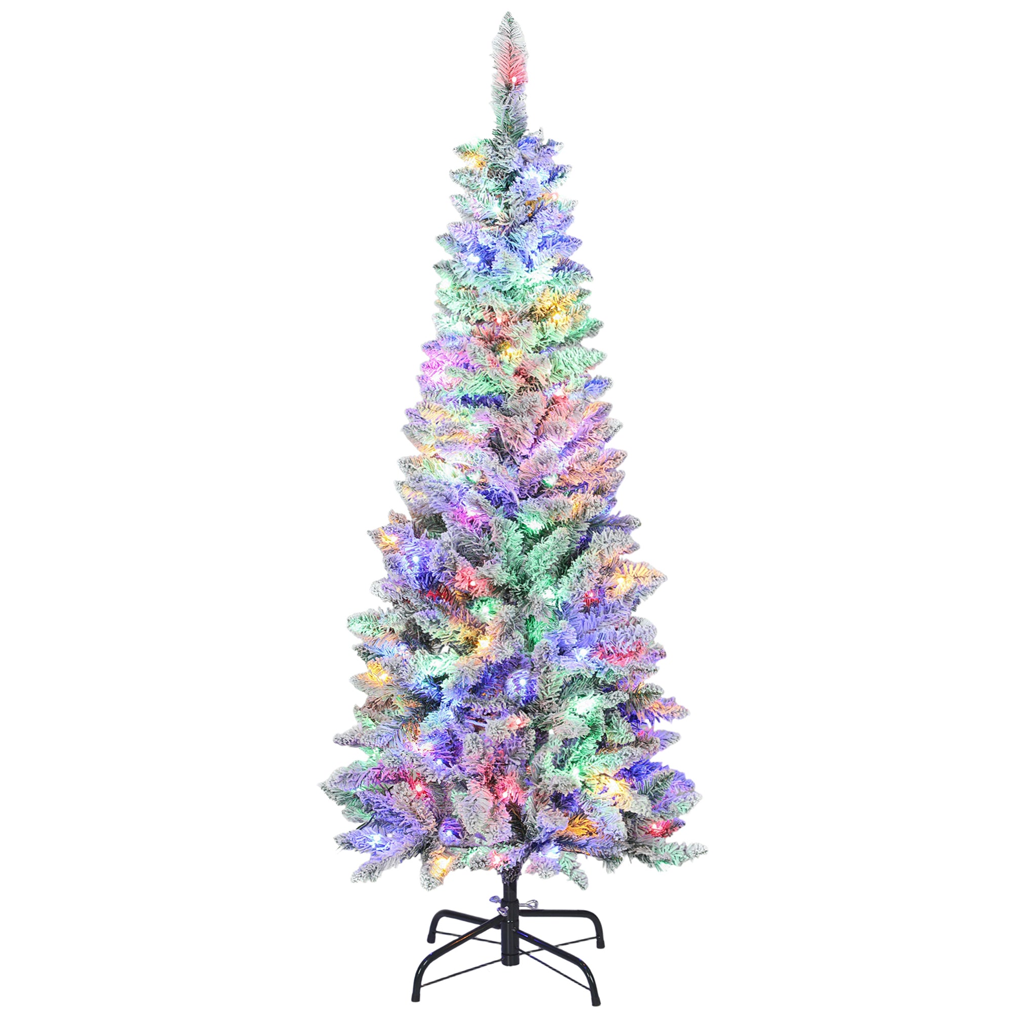 5ft Flocked Prelit Christmas Tree with Dual Colour LED Light, Pencil Shape, Hinged Xmas Tree with 11 Light Modes, Metal Stand, Easy Assembly for Holiday Decor