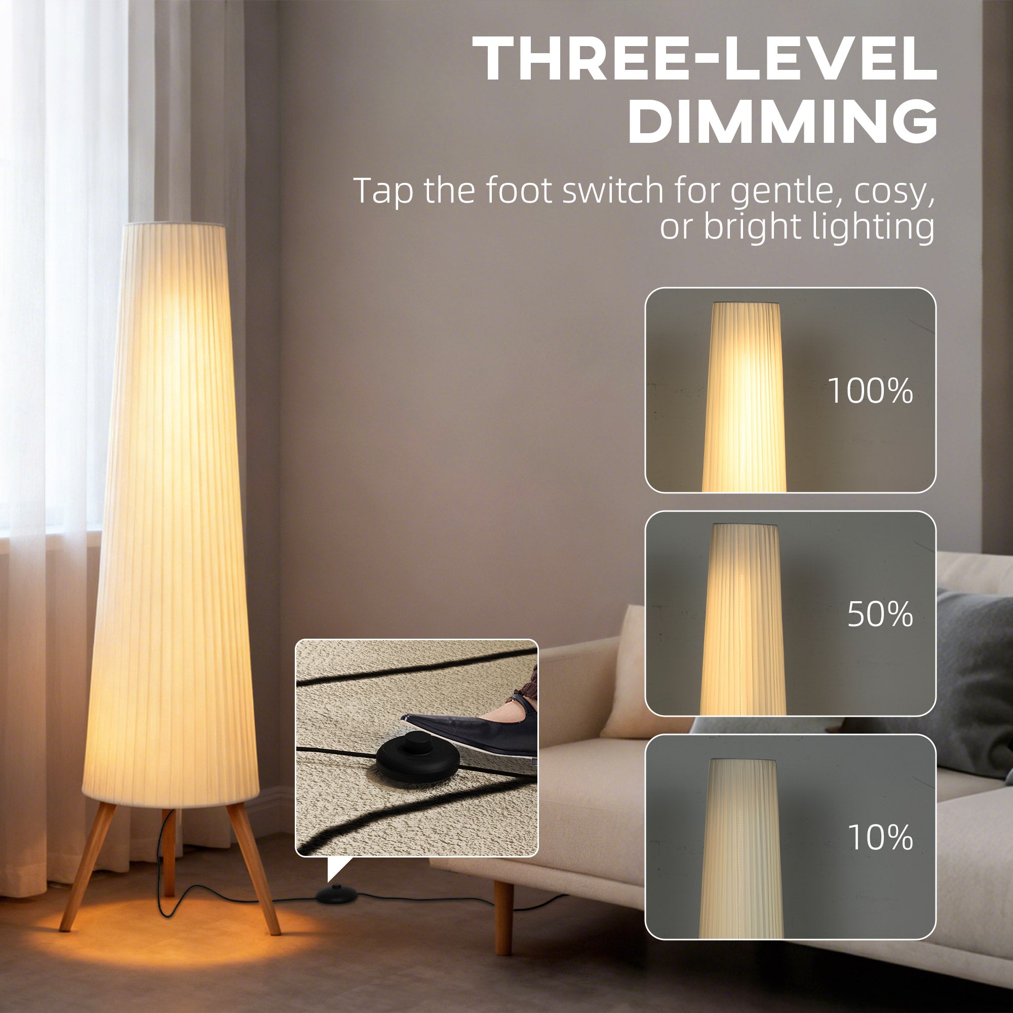 Dimmable Tripod Floor Lamp with Foot Switch, Nordic Standing Lamp with Wood Legs and Fabric Shade for Living Room, Bedroom, Office, 153cm, White