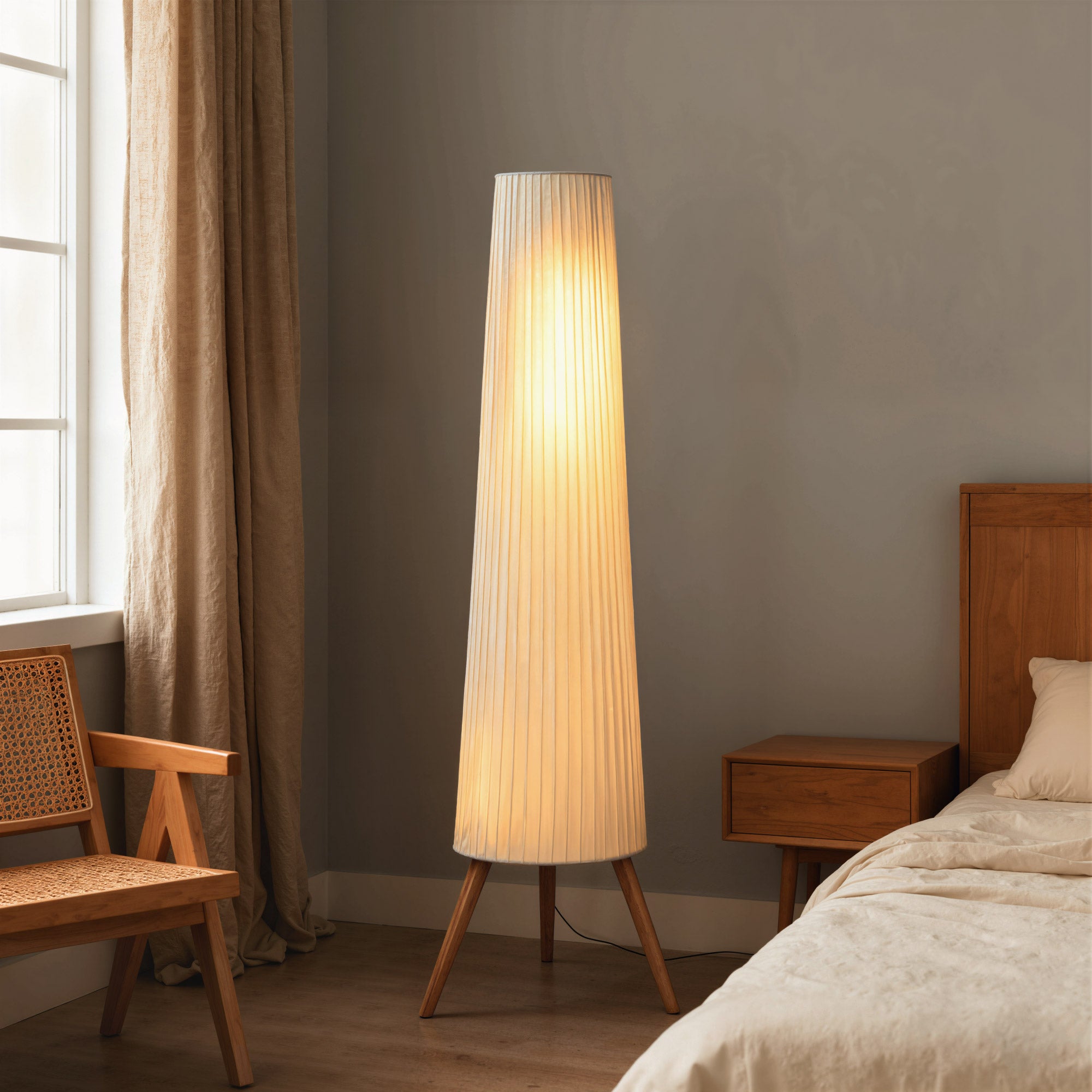 Dimmable Tripod Floor Lamp with Foot Switch, Nordic Standing Lamp with Wood Legs and Fabric Shade for Living Room, Bedroom, Office, 153cm, White