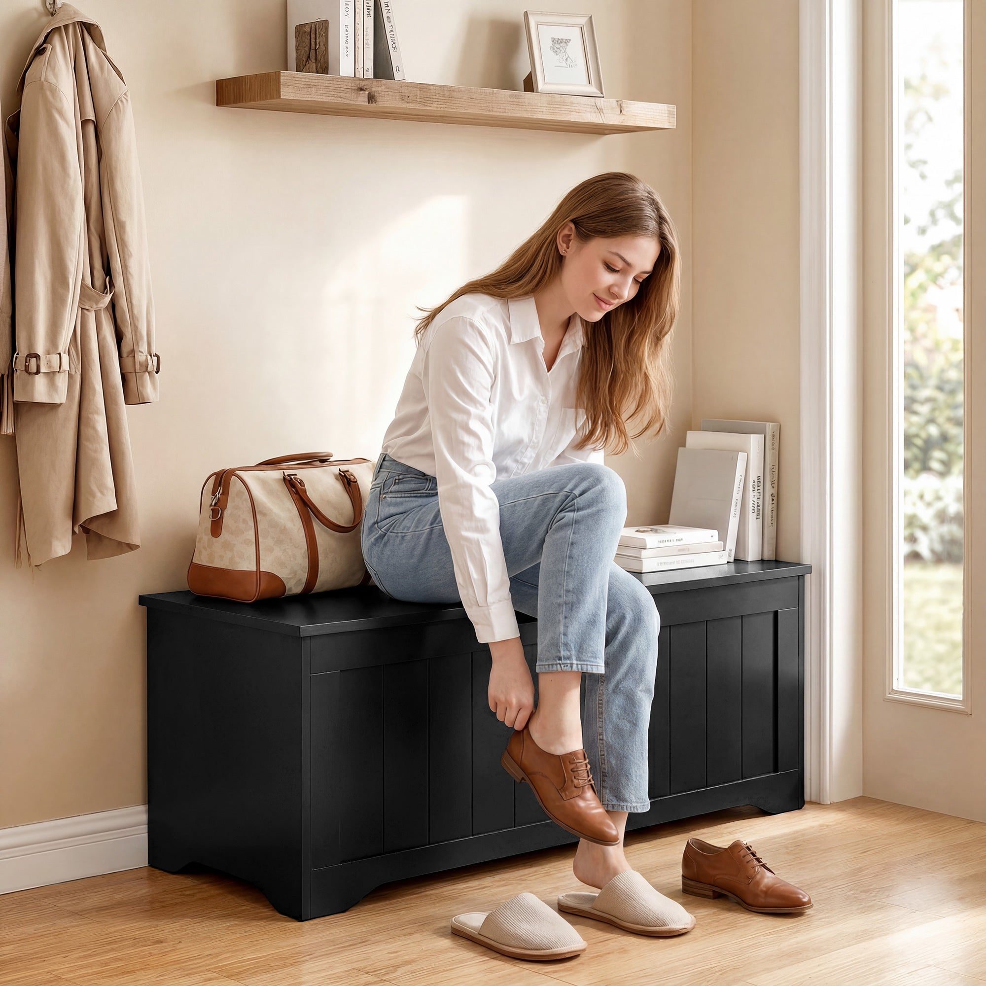 Storage Chest, Modern Storage Trunk with 2 Safety Hinges and Handle-Free Design, Storage Bench for Living Room, Shoe Bench for Entryway, 39.4" x 15.7" x 17.7", Black