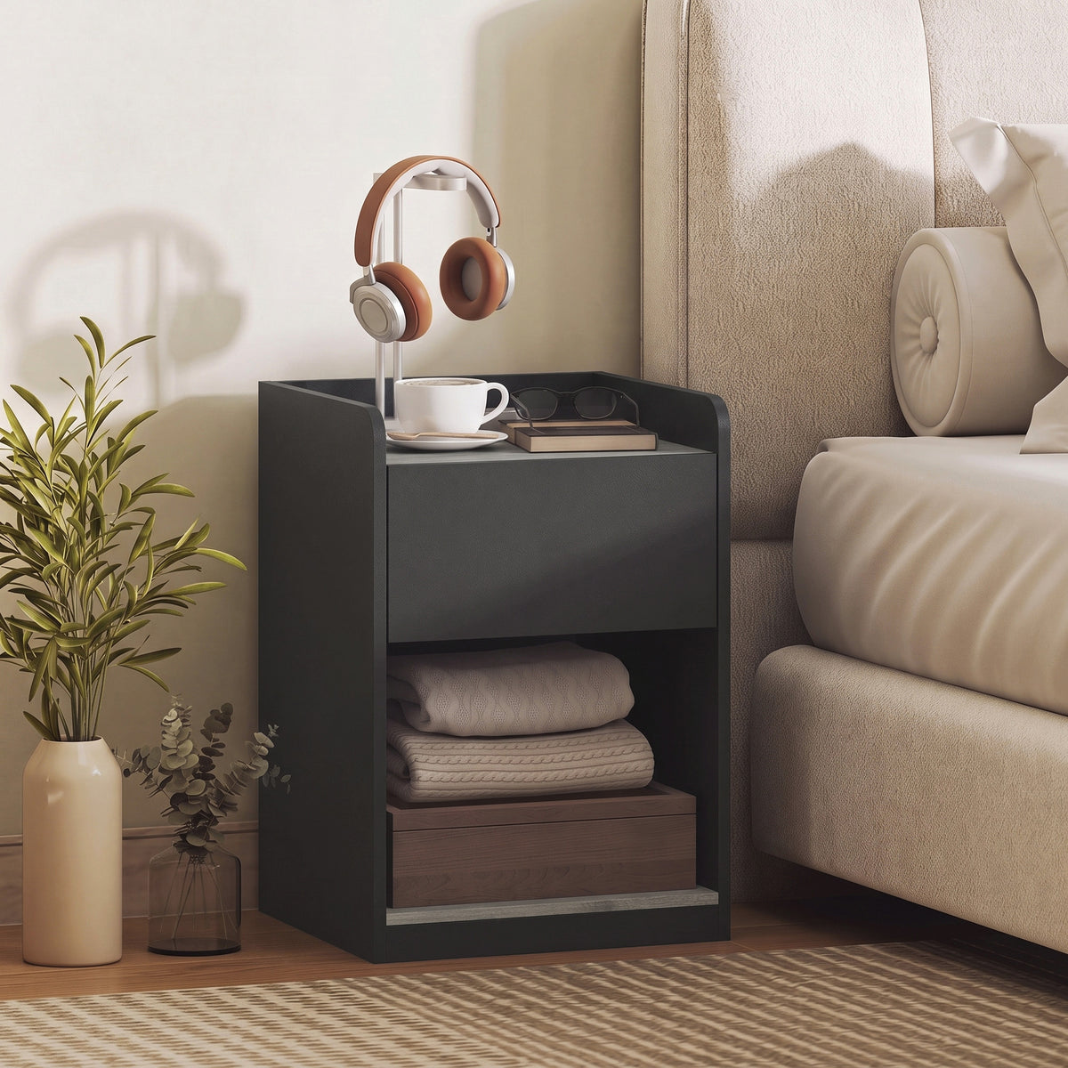 Modern Bedside Table, Slim Nightstand with Drawer, Shelf and Cable Holes, Bedside Cabinet for Bedroom, Living Room, Black and Grey Wood Effect