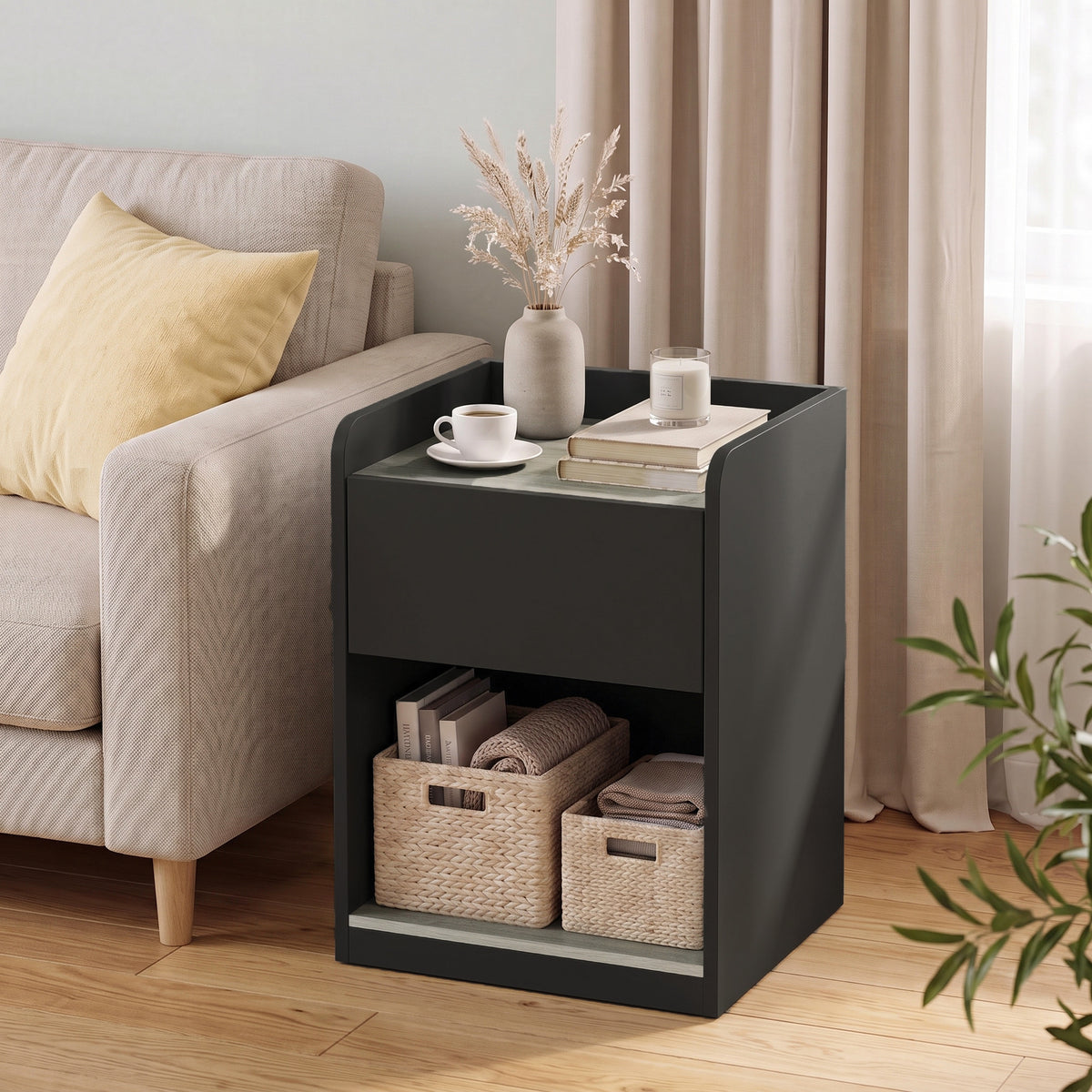 Modern Bedside Table, Slim Nightstand with Drawer, Shelf and Cable Holes, Bedside Cabinet for Bedroom, Living Room, Black and Grey Wood Effect