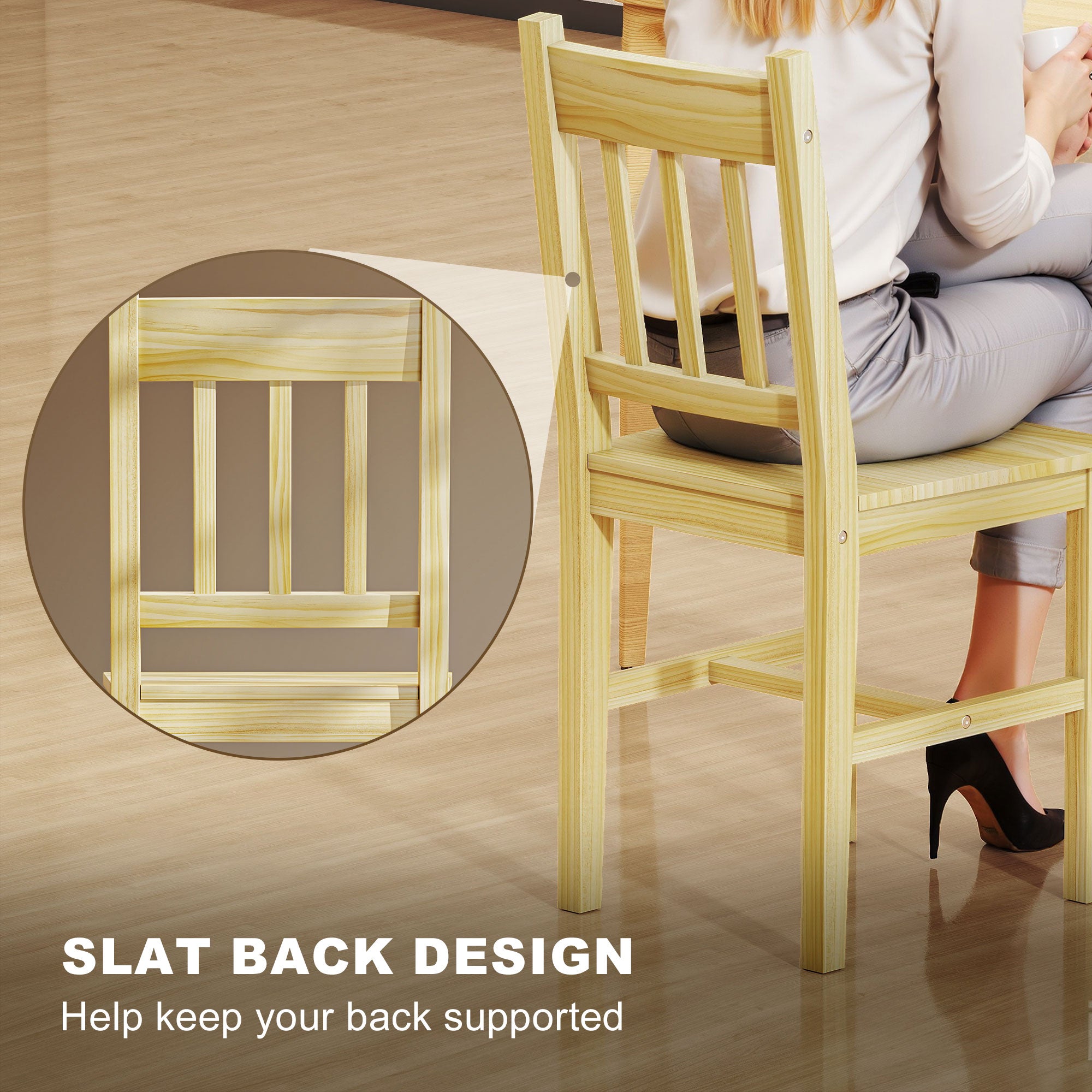 Dining Chairs Set of 2, Kitchen Chair with Slat Back, Pine Wood Structure for Living Room and Dining Room, Natural Wood Finish