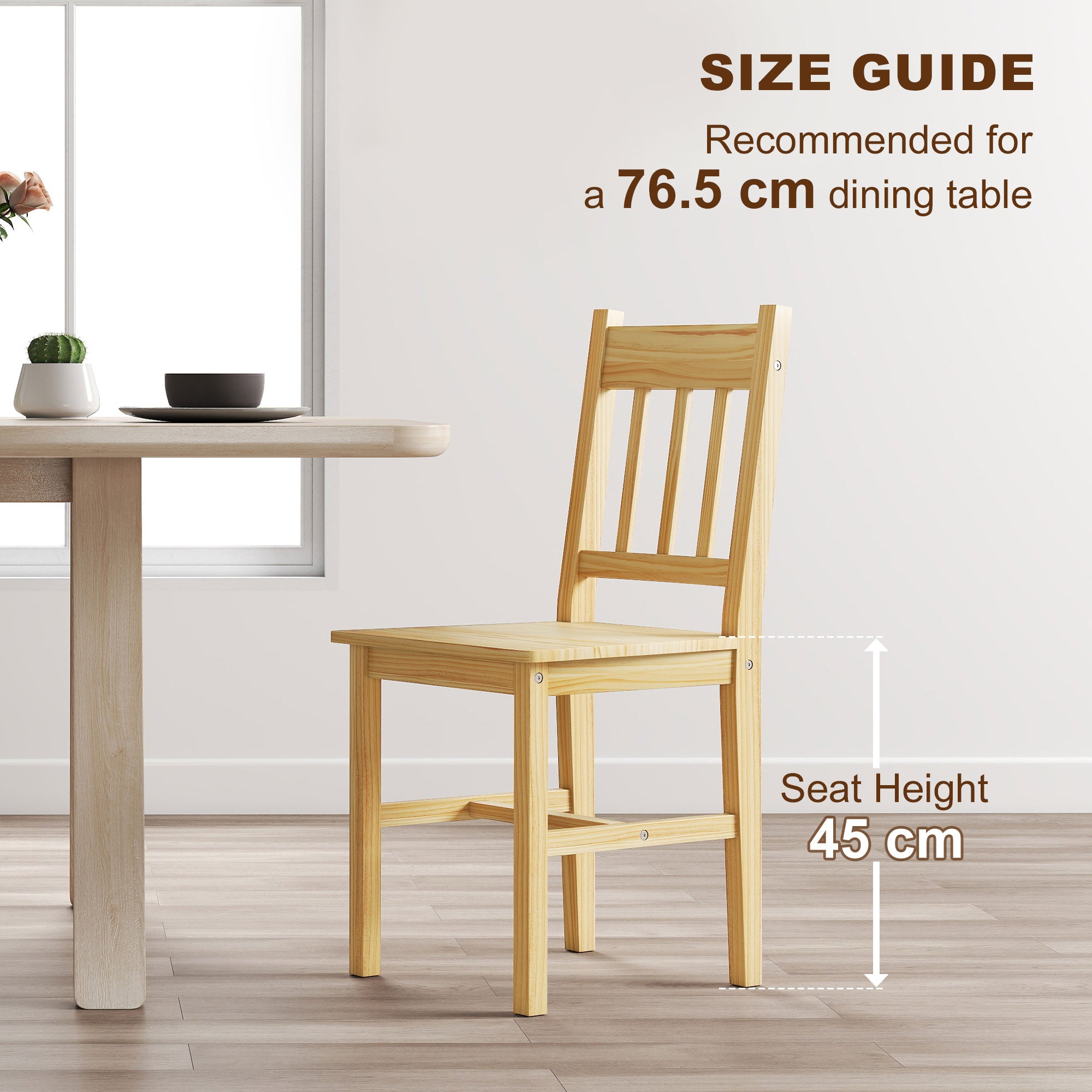 Dining Chairs Set of 2, Kitchen Chair with Slat Back, Pine Wood Structure for Living Room and Dining Room, Natural Wood Finish